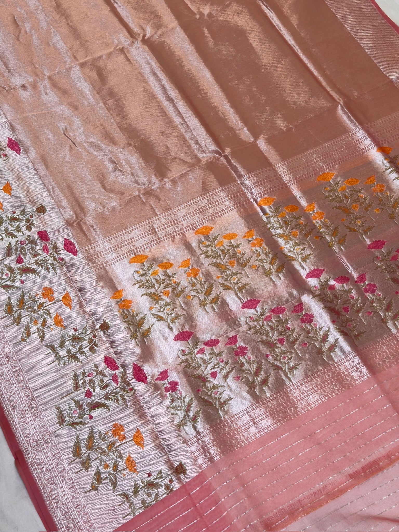 Rose Pink Pure Tissue Silk Kadiyal Border Banarasi handwoven Saree
