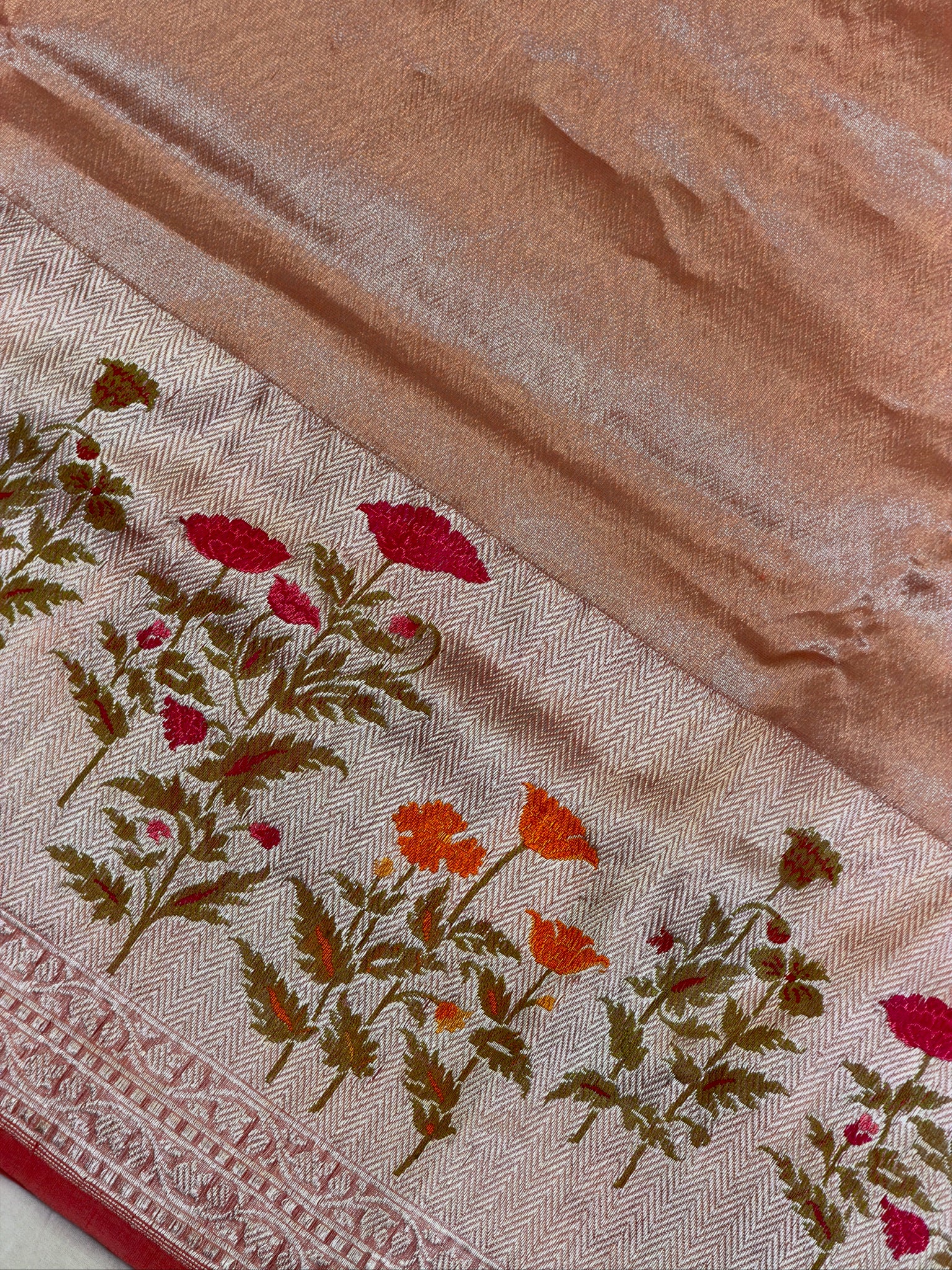 Rose Pink Pure Tissue Silk Kadiyal Border Banarasi handwoven Saree