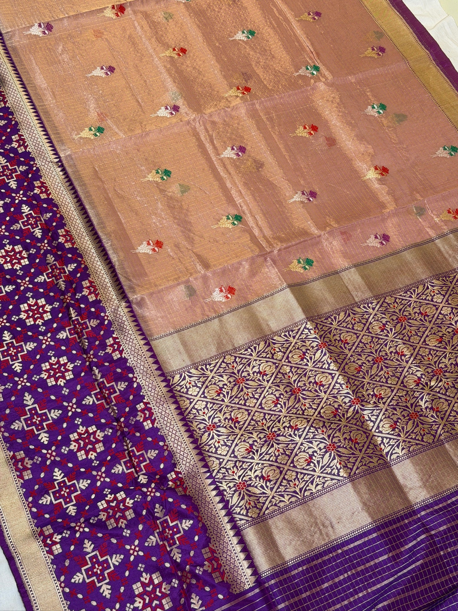 Peach Pink Pure Tissue Silk Kadiyal Border Banarasi handwoven Saree