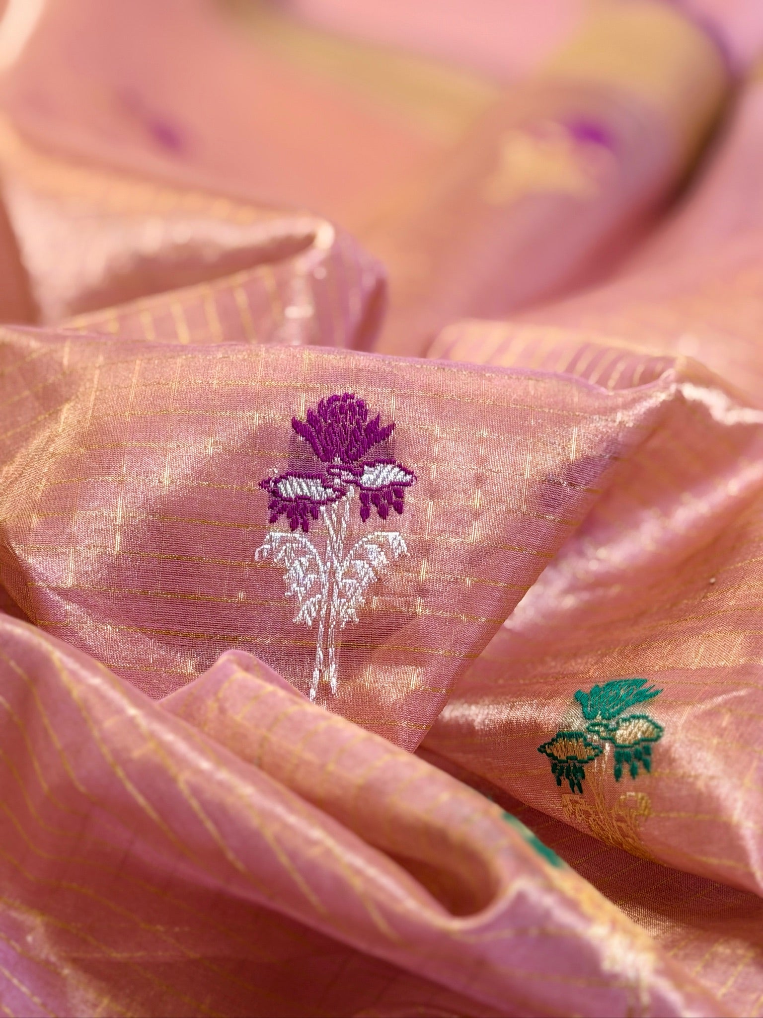 Peach Pink Pure Tissue Silk Kadiyal Border Banarasi handwoven Saree