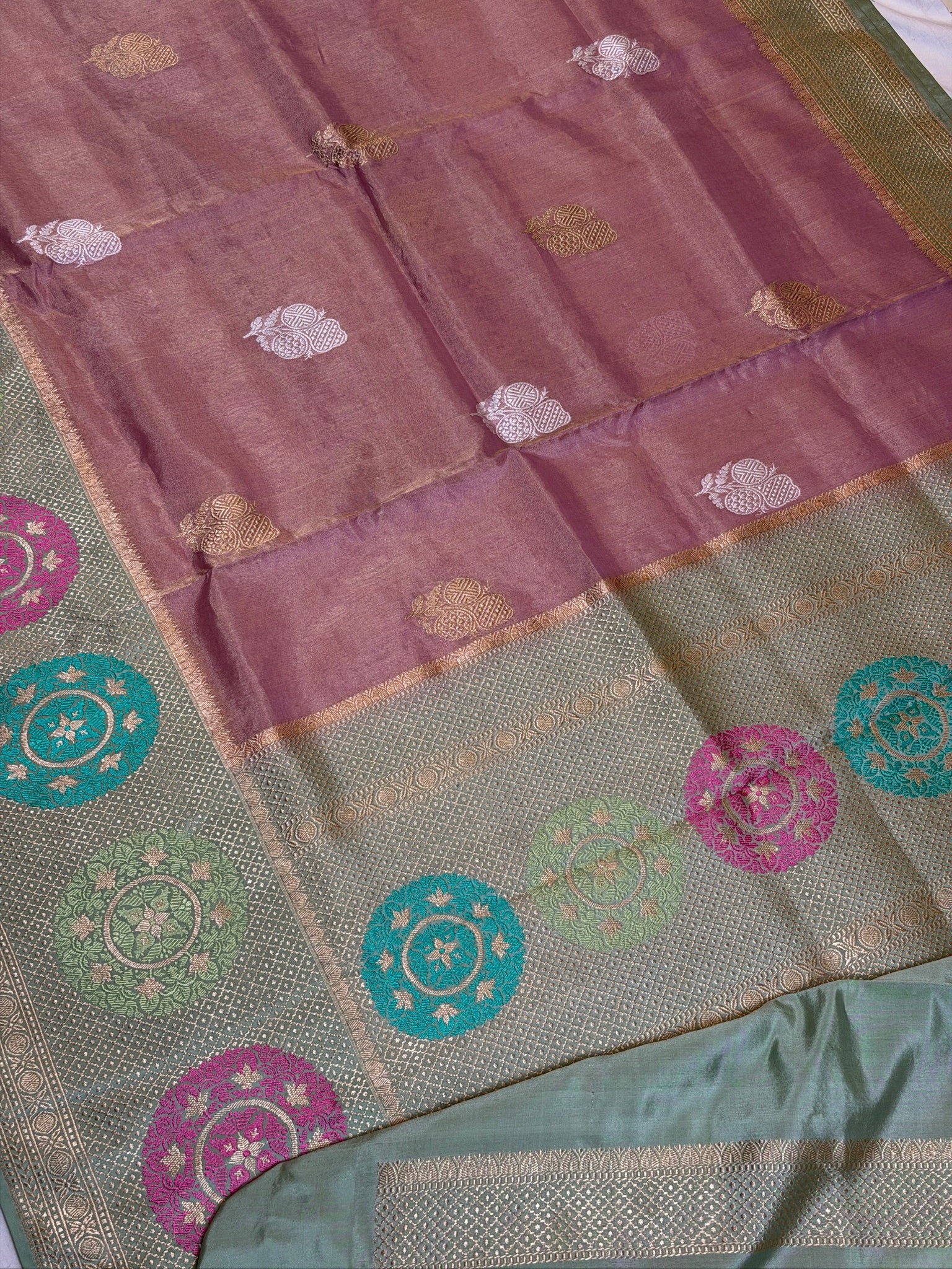 Dusty Rose Pink Pure Tissue Silk Kadiyal Border Banarasi handwoven Saree