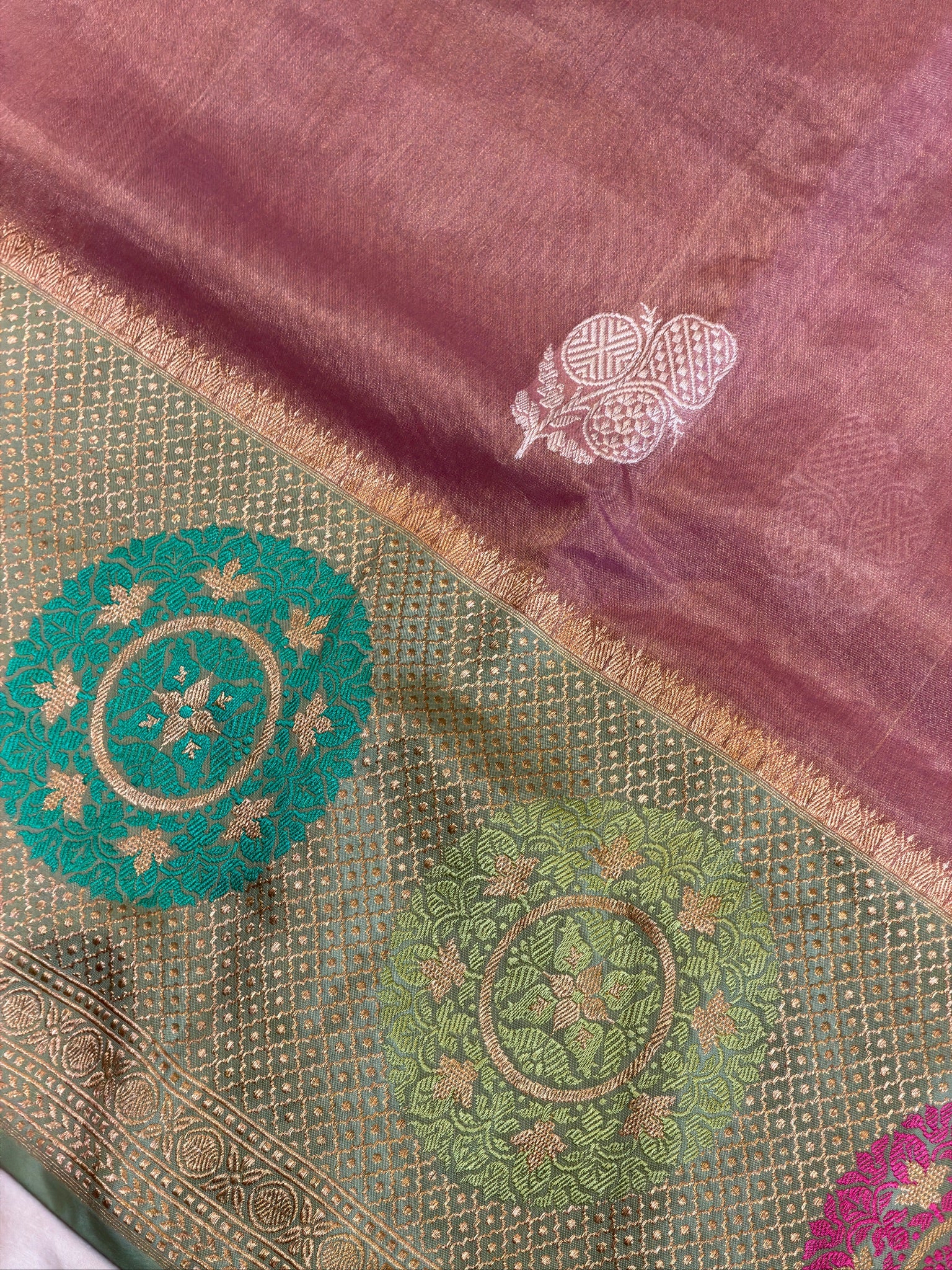 Dusty Rose Pink Pure Tissue Silk Kadiyal Border Banarasi handwoven Saree