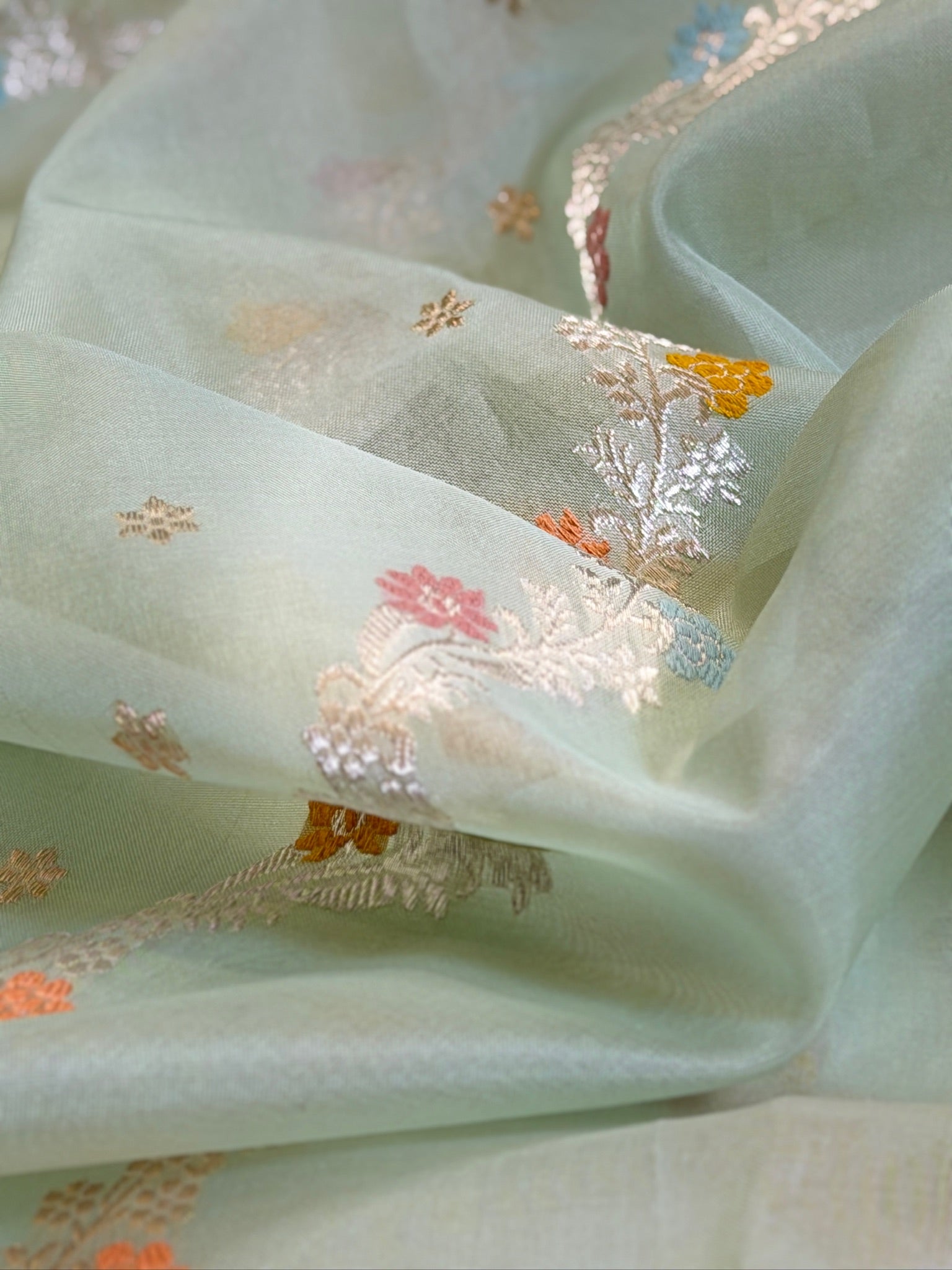 Sea Green Pure Kora Silk Kaduwa Border Banarasi handwoven Saree