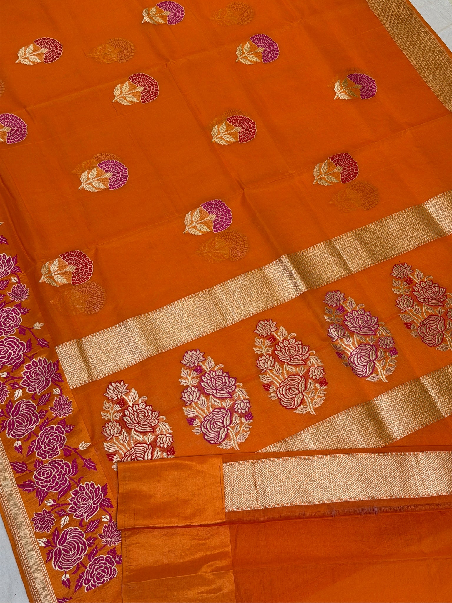 Orange Pure Kora Silk Kadiyal Border Banarasi handwoven Saree