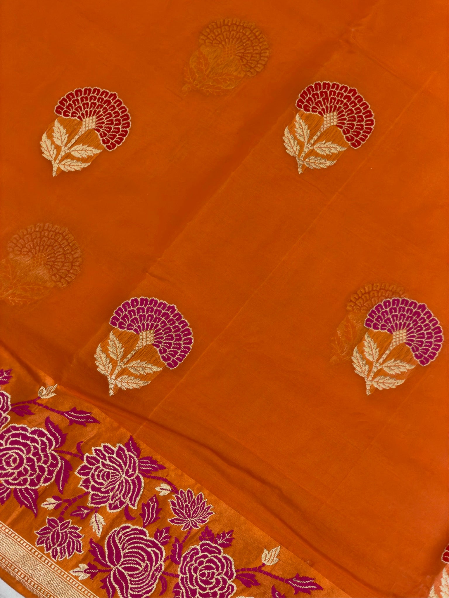Orange Pure Kora Silk Kadiyal Border Banarasi handwoven Saree