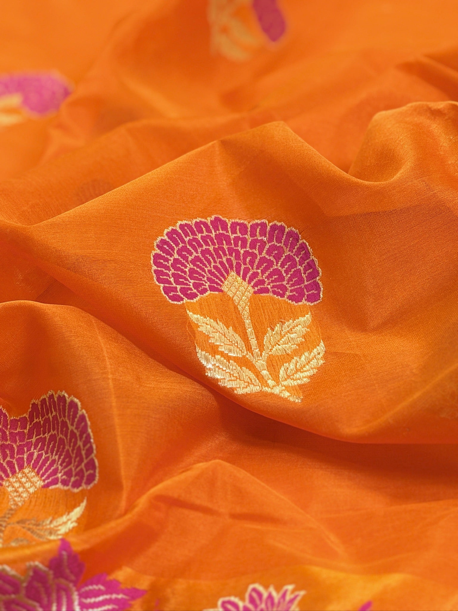 Orange Pure Kora Silk Kadiyal Border Banarasi handwoven Saree