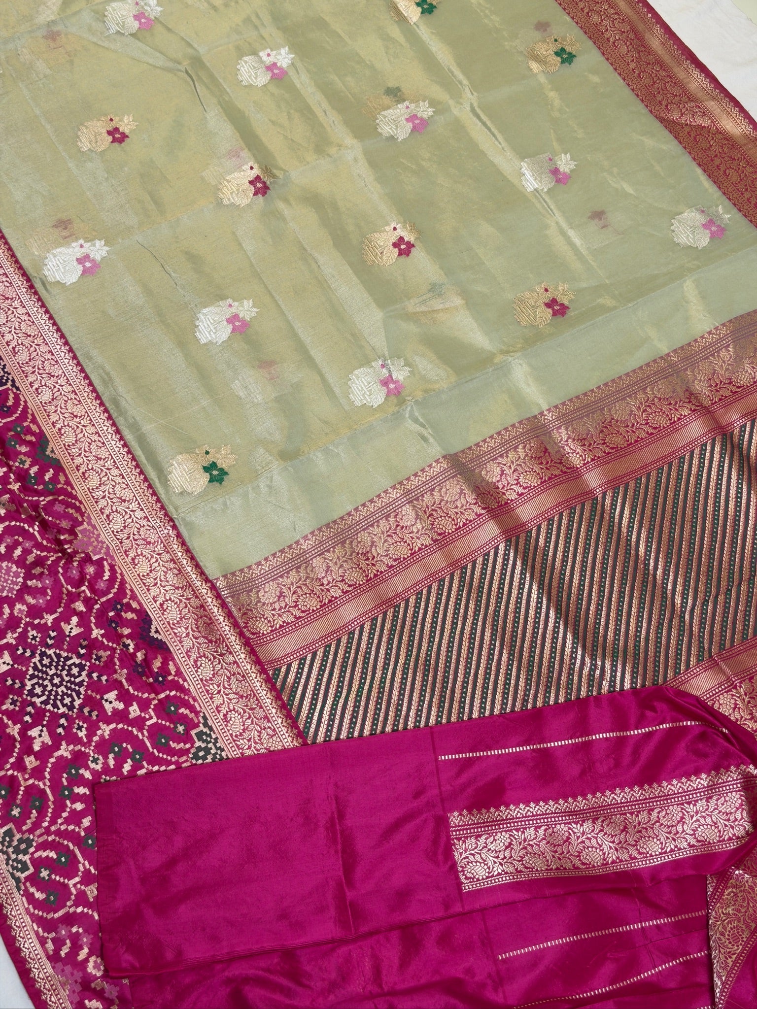 Light Olive Green Pure Tissue Silk Kadiyal Border Banarasi handwoven Saree