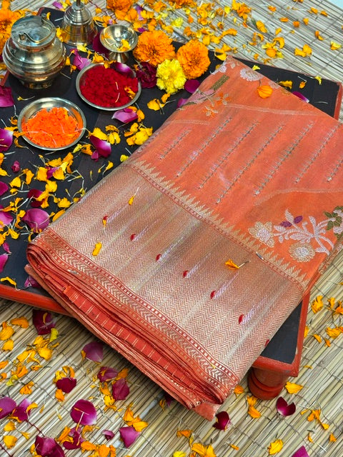 Rust Orange Handwoven Pure Banarasi Tissue High Silver Percentage Silk Saree