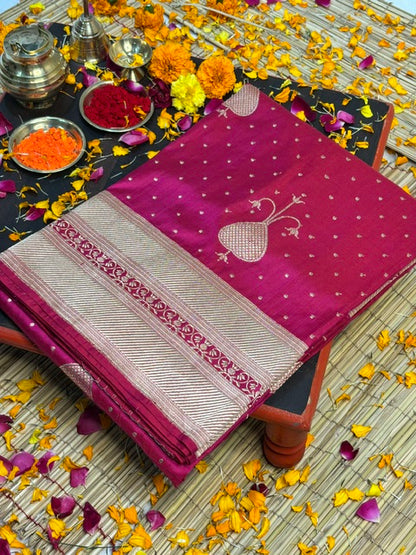 Apple Red Handwoven Pure Banarasi Silk Saree – Kadwa Weave in 100% Katan Mulberry Silk