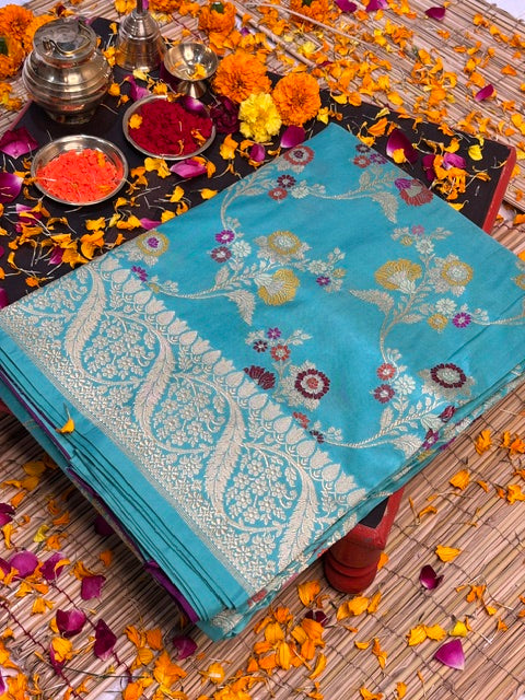 Ocean Blue Handwoven Pure Banarasi Silk Saree – Kadwa Weave in 100% Katan Mulberry Silk
