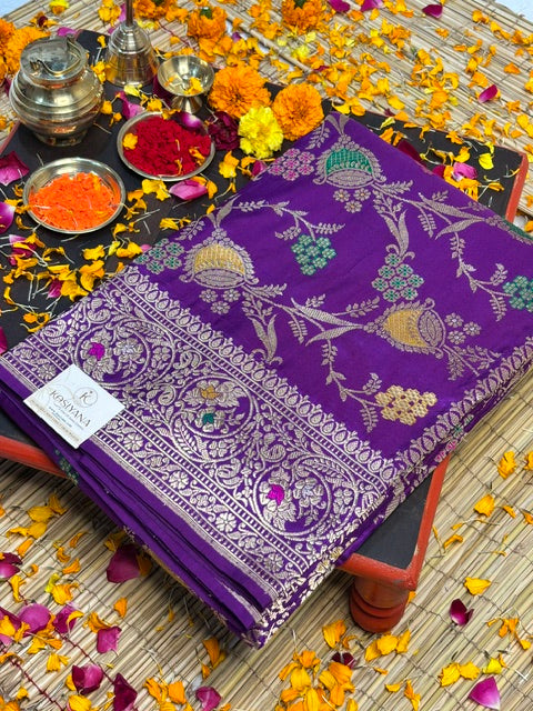 Purple Handwoven Pure Banarasi Silk Saree – Kadwa Weave in 100% Katan Mulberry Silk