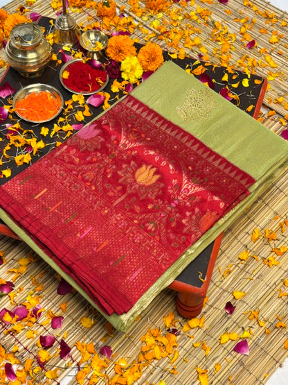 Soft Leaf Green Handwoven Pure Banarasi Tissue Silk Saree