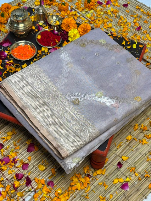 Silver Mist 39Handwoven Pure Banarasi Tissue Silk Saree