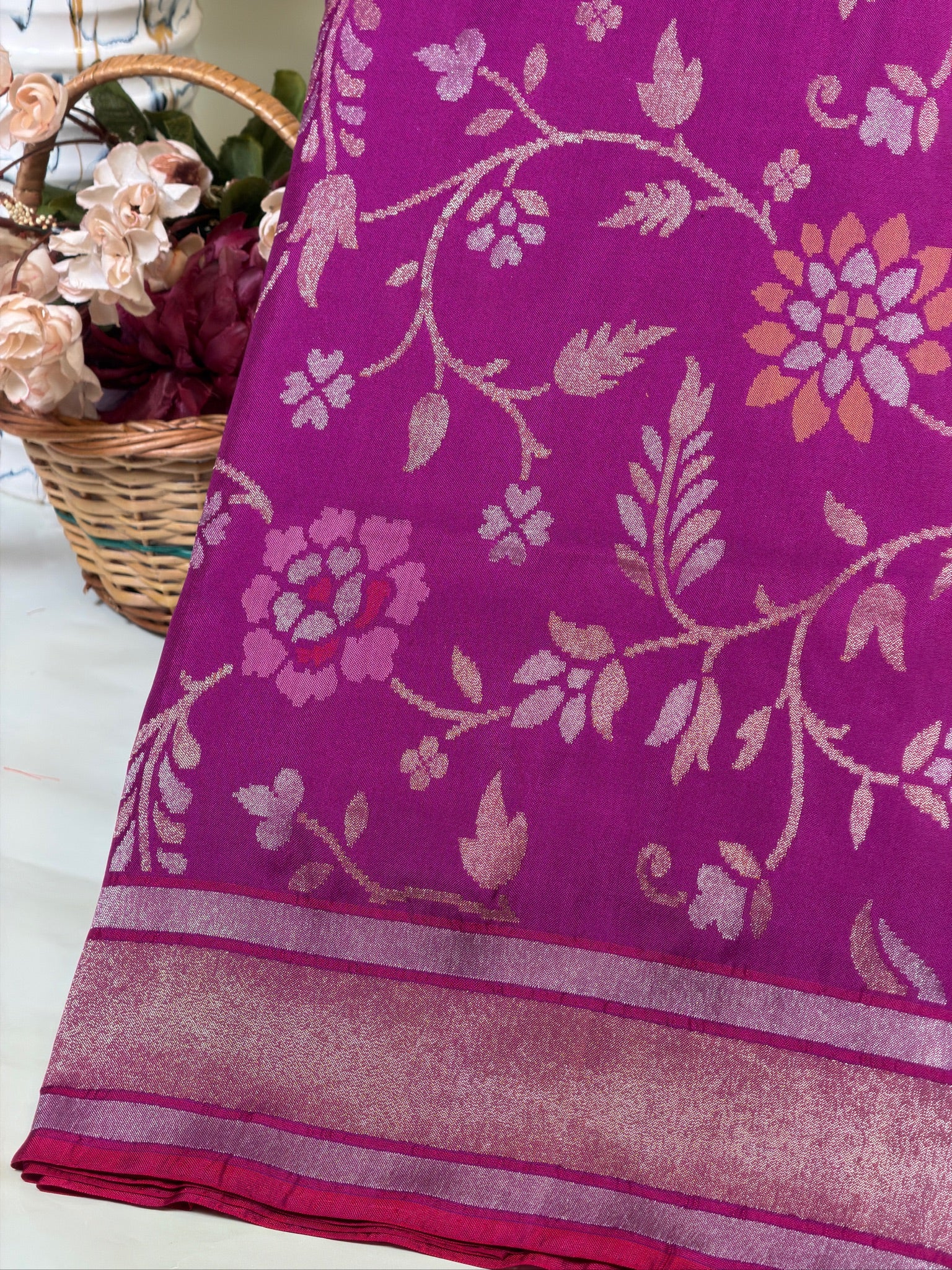 Purple Pure Real Zari Ektara Jamdani Saree with Floral Weaving