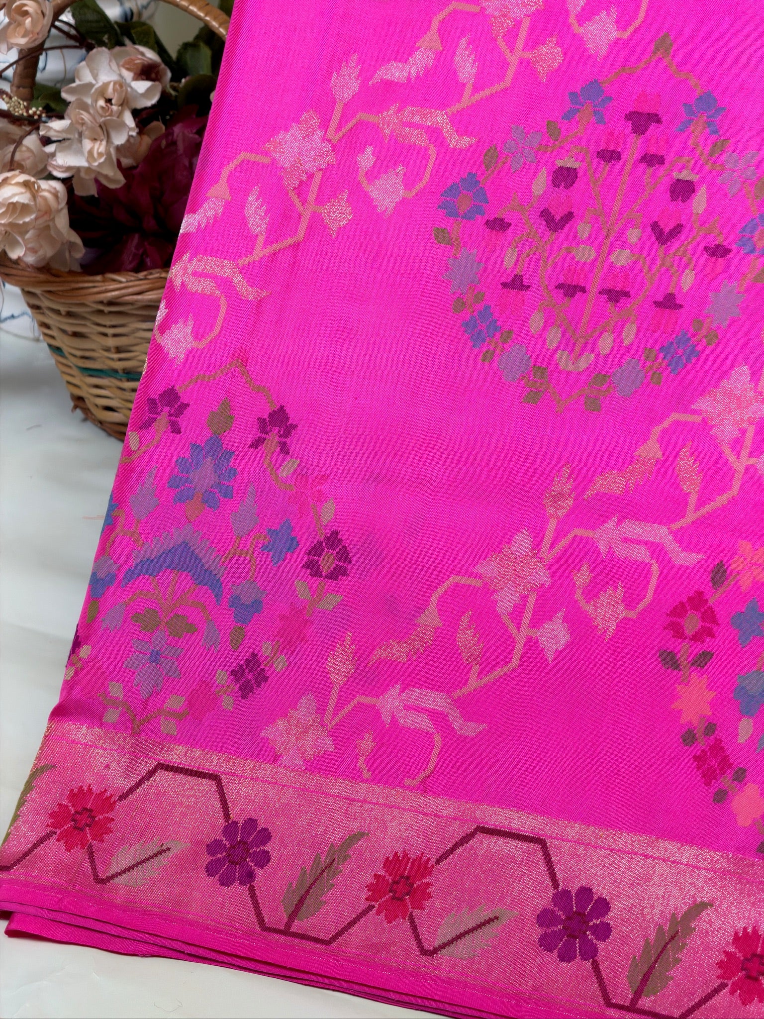 Hot Pink Pure Real Zari Ektara Silk Jamdani Saree with Floral Weaving