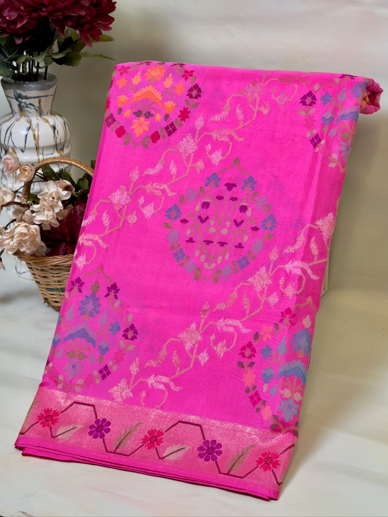 Hot Pink Pure Real Zari Ektara Silk Jamdani Saree with Floral Weaving
