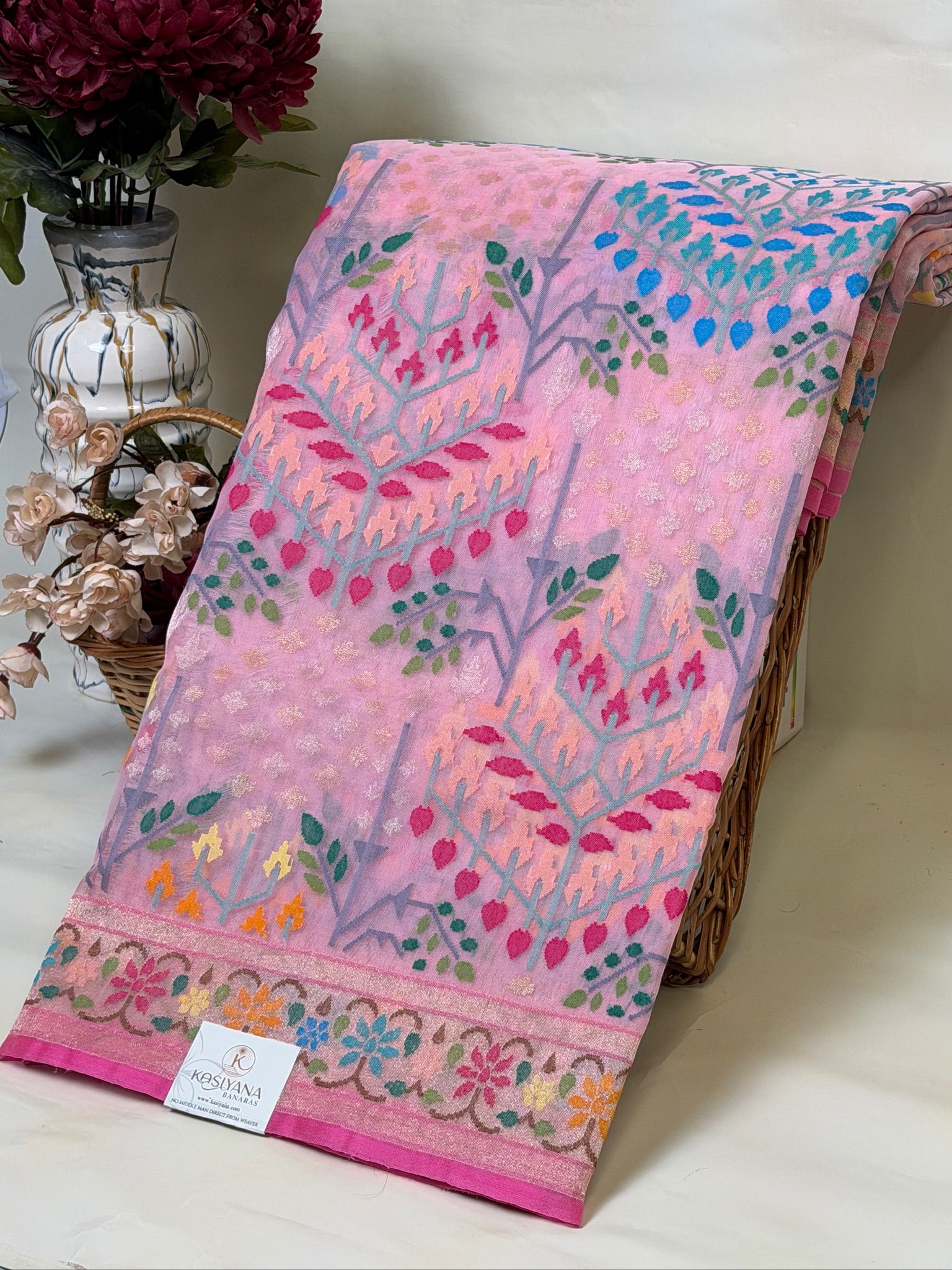 Pinkish Pink   Pure Real Zari Kora Jamdani Saree with Floral Weaving