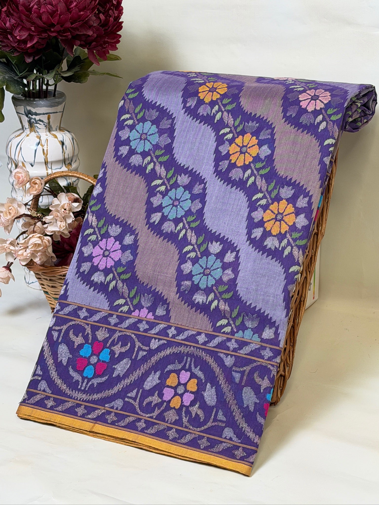 Pure Real Zari Cotton Jamdani Saree Nilambari Rangkat saree