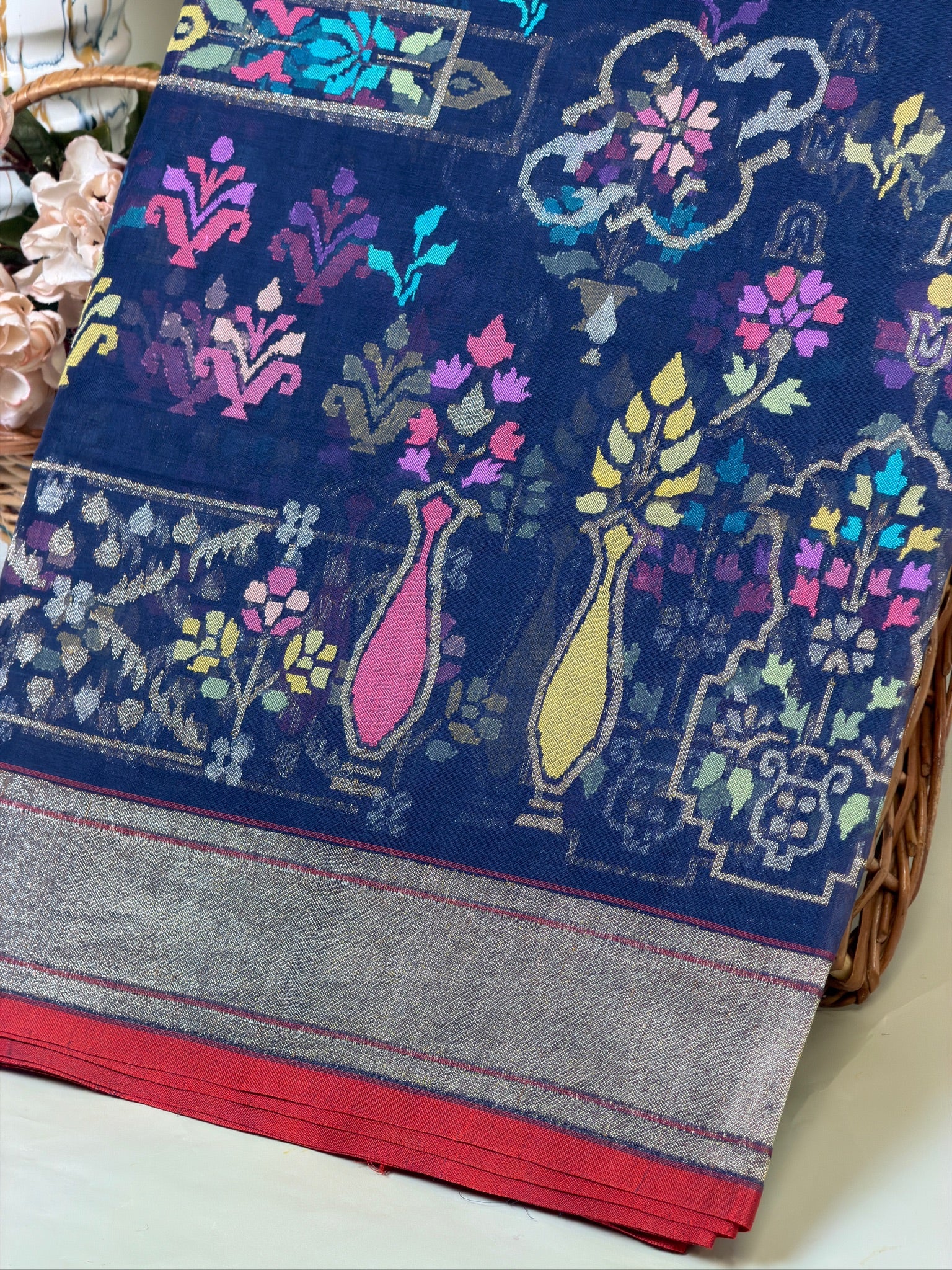 Nilambari  Pure Real Zari Kora Jamdani Saree with Parsiyan desgin