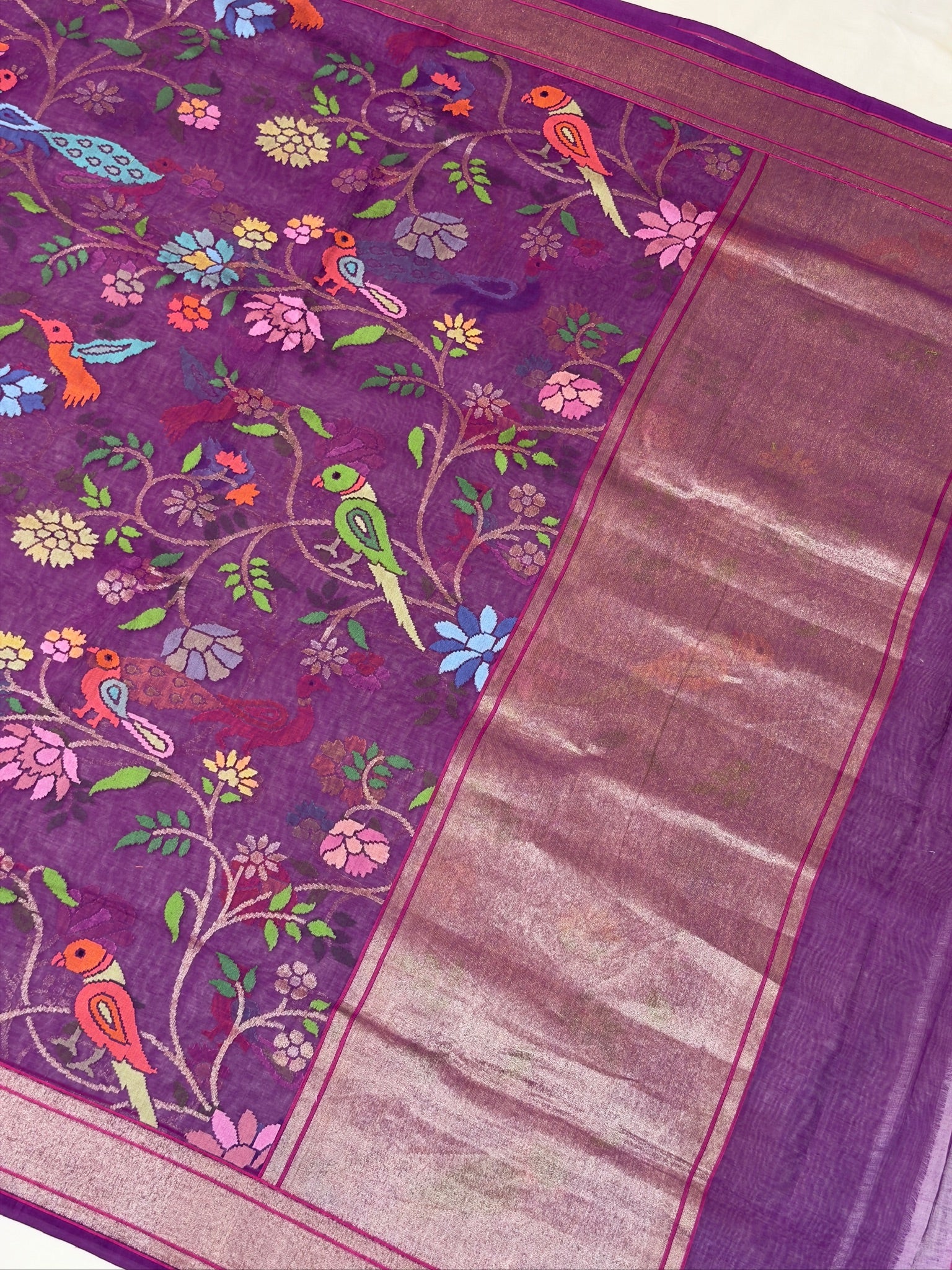 Purple Pure Real Zari Cotton Jamdani Saree with Sikargha
