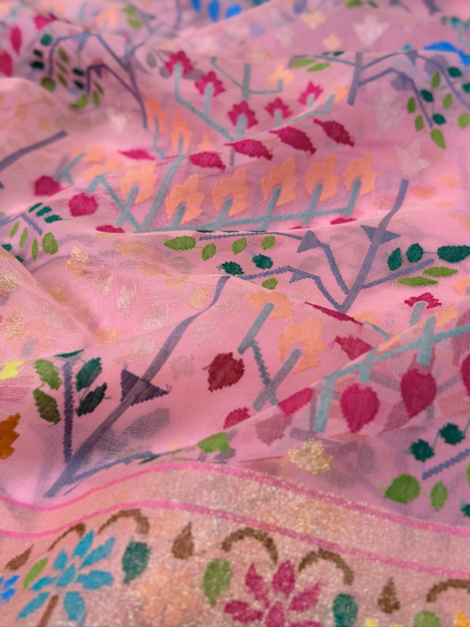 Pinkish Pink   Pure Real Zari Kora Jamdani Saree with Floral Weaving