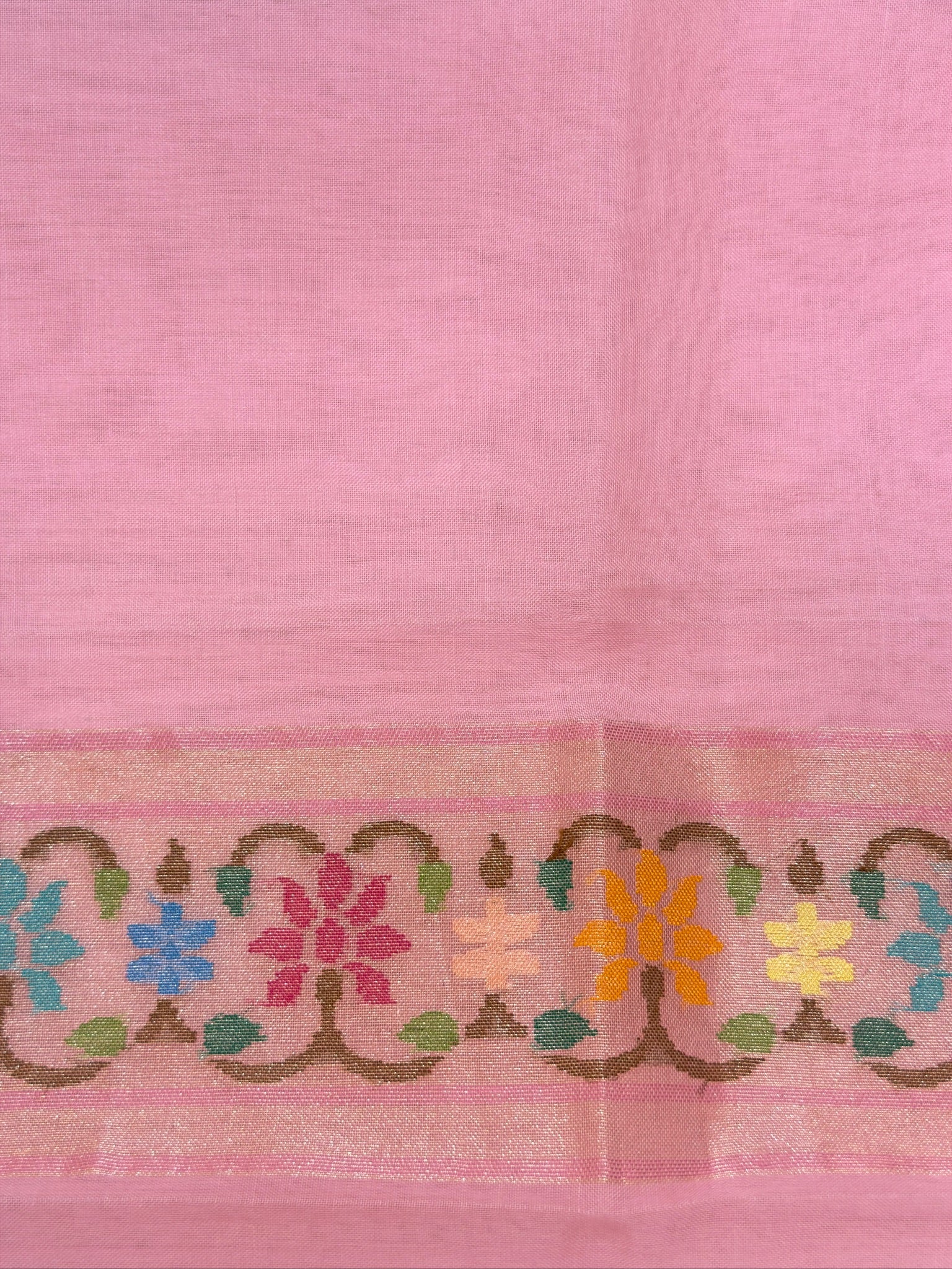 Pinkish Pink   Pure Real Zari Kora Jamdani Saree with Floral Weaving