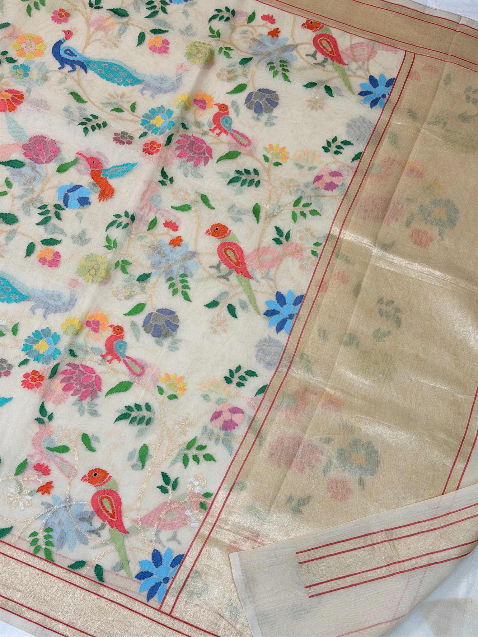 Swetambari Real Zari cotton Jamdani Saree with Sikargah