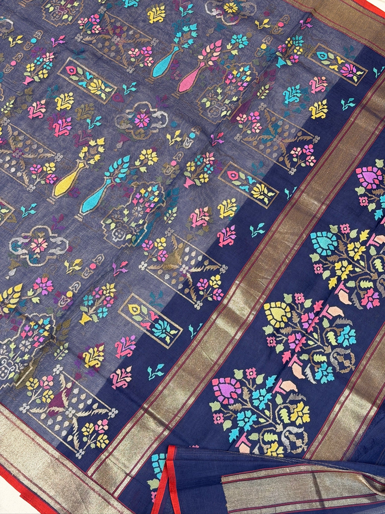 Nilambari  Pure Real Zari Kora Jamdani Saree with Parsiyan desgin