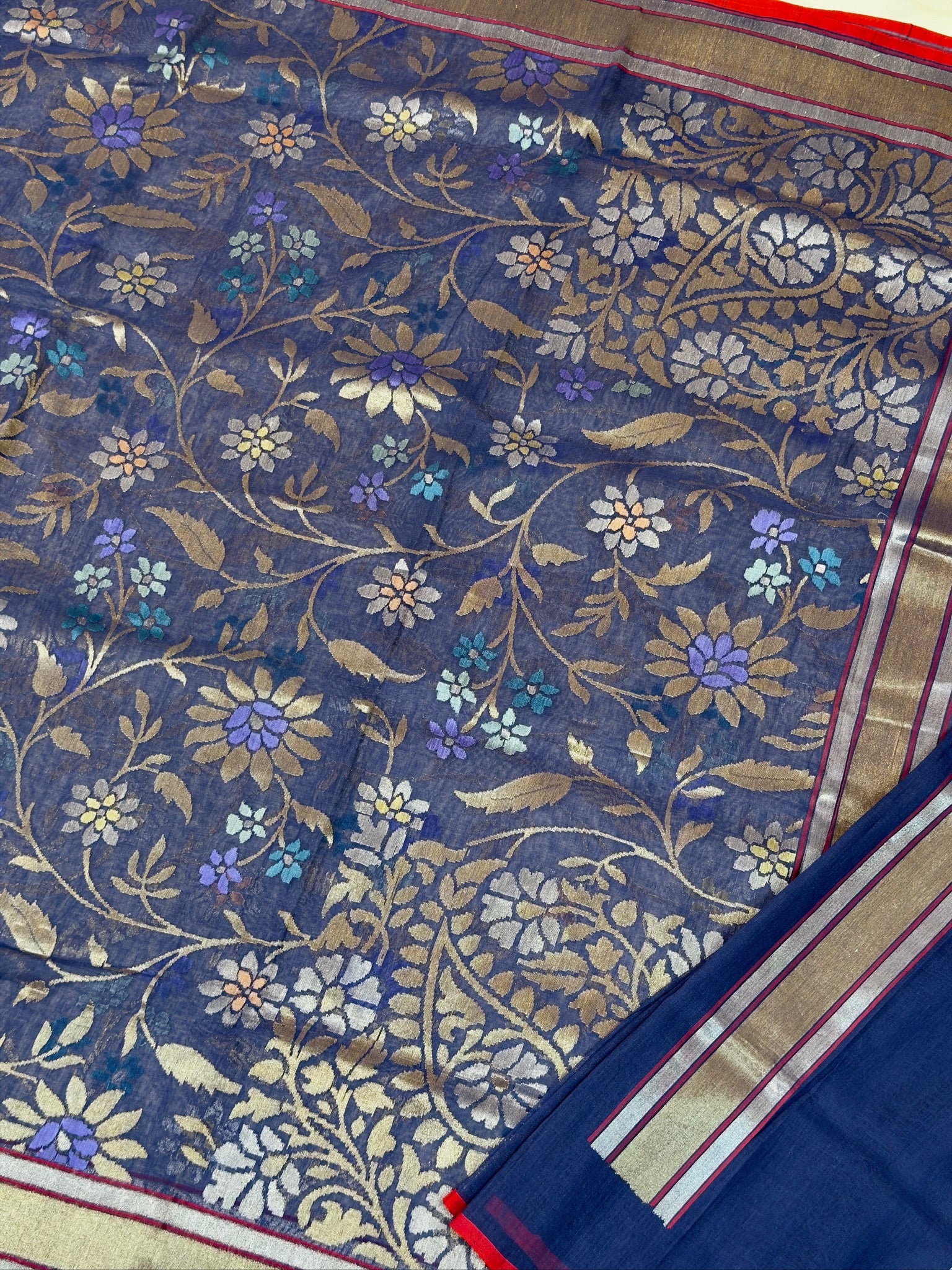 Nilambari Pure Real Zari Cotton Jamdani Saree with Floral Weaving