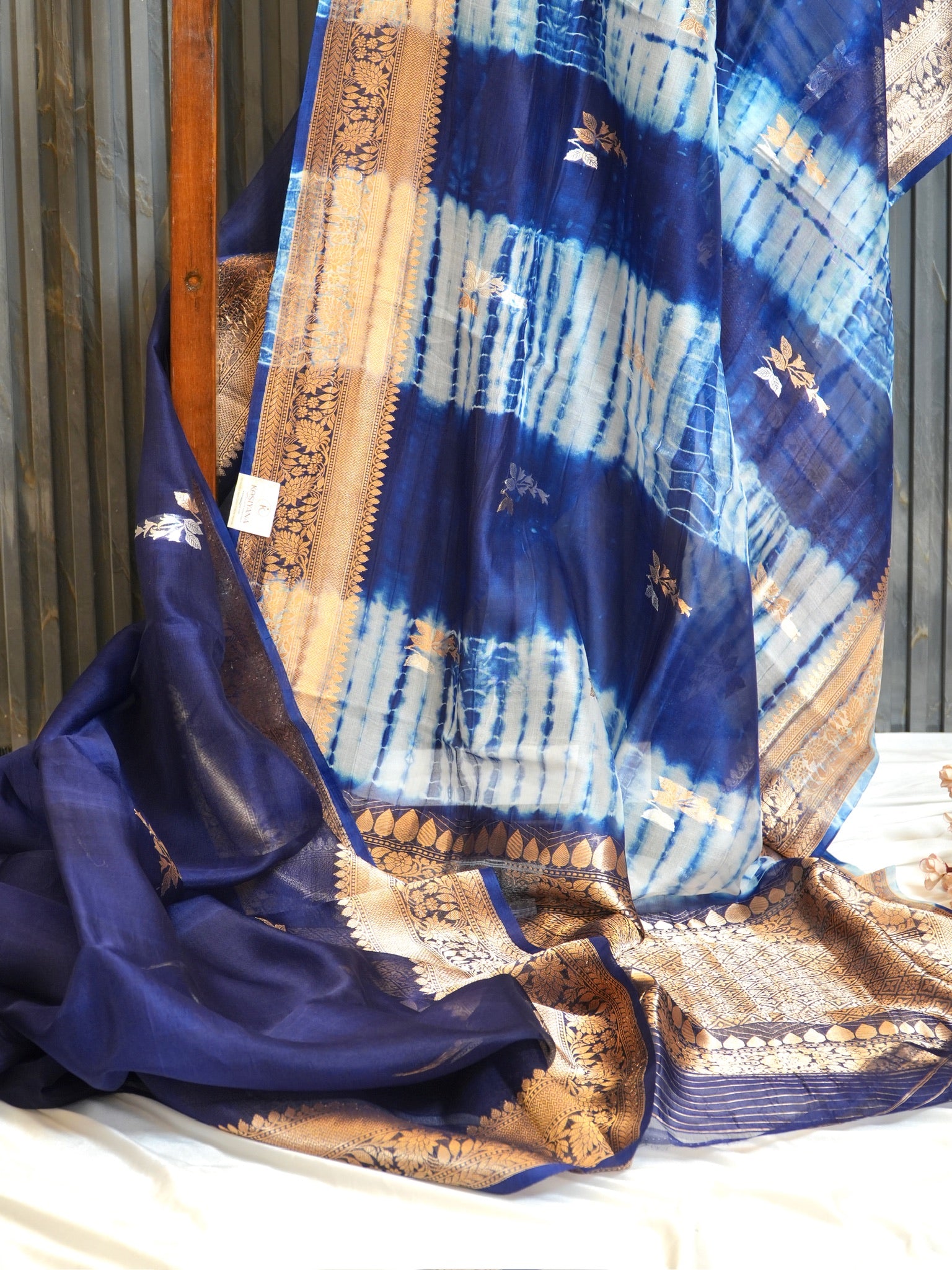 Ink Blue Handwoven Kora Silk Saree with Hand-Brush Dyeing & Zari Border