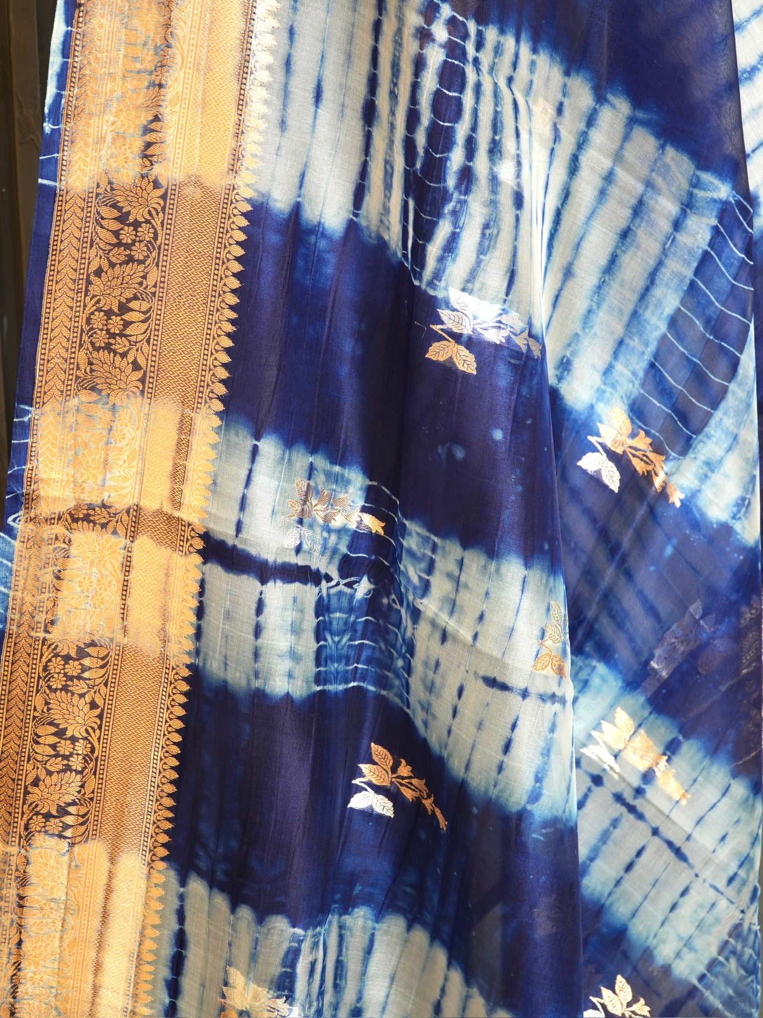 Ink Blue Handwoven Kora Silk Saree with Hand-Brush Dyeing & Zari Border