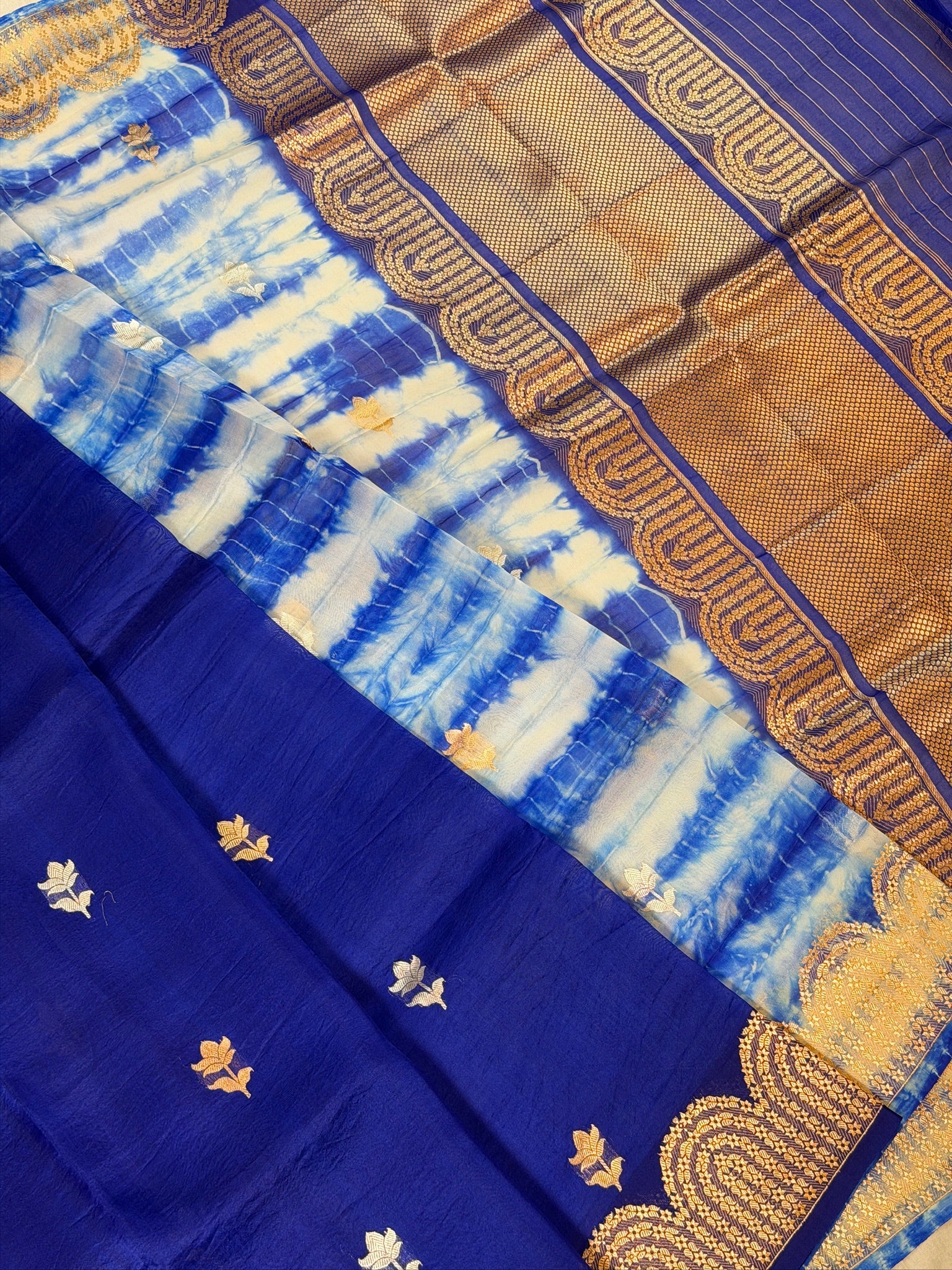 Royal Blue Handwoven Kora Silk Saree with Hand-Brush Dyeing & Zari Border