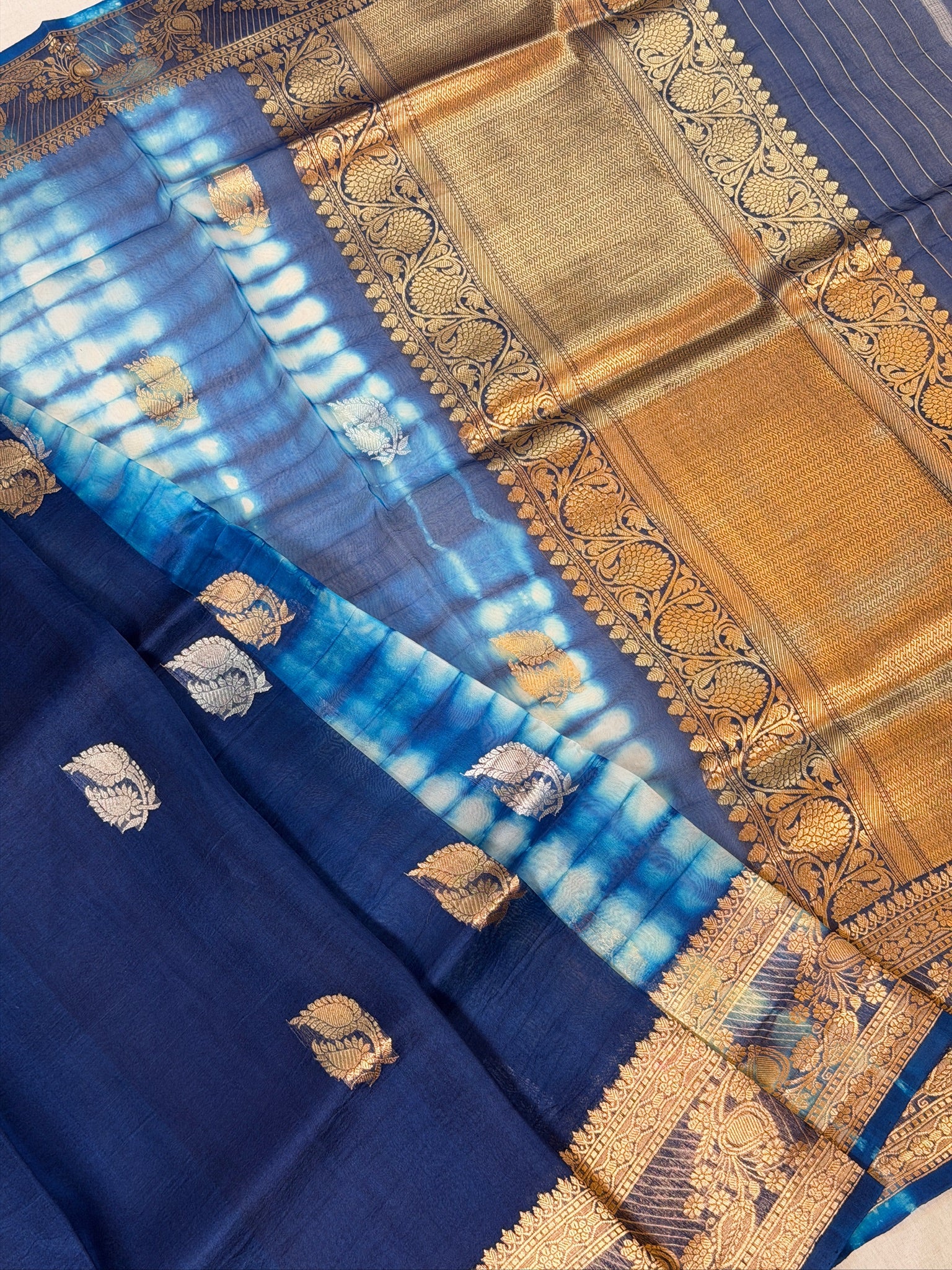 Blue Handwoven Kora Silk Saree with Hand-Brush Dyeing & Zari Border