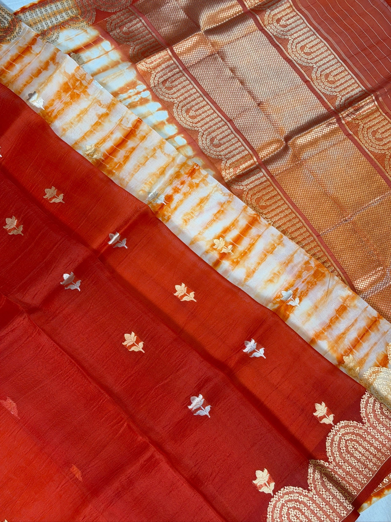 Rust Orange Handwoven Kora Silk Saree with Hand-Brush Dyeing & Zari Border