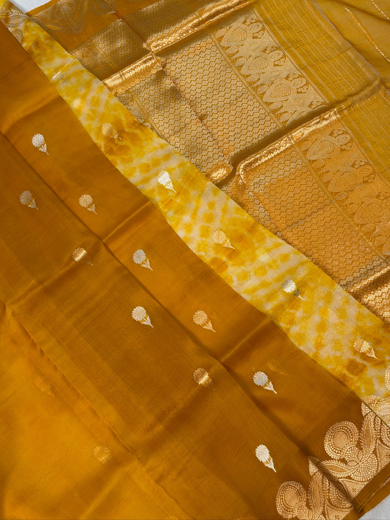 Yellow Handwoven Kora Silk Saree with Hand-Brush Dyeing & Zari Border