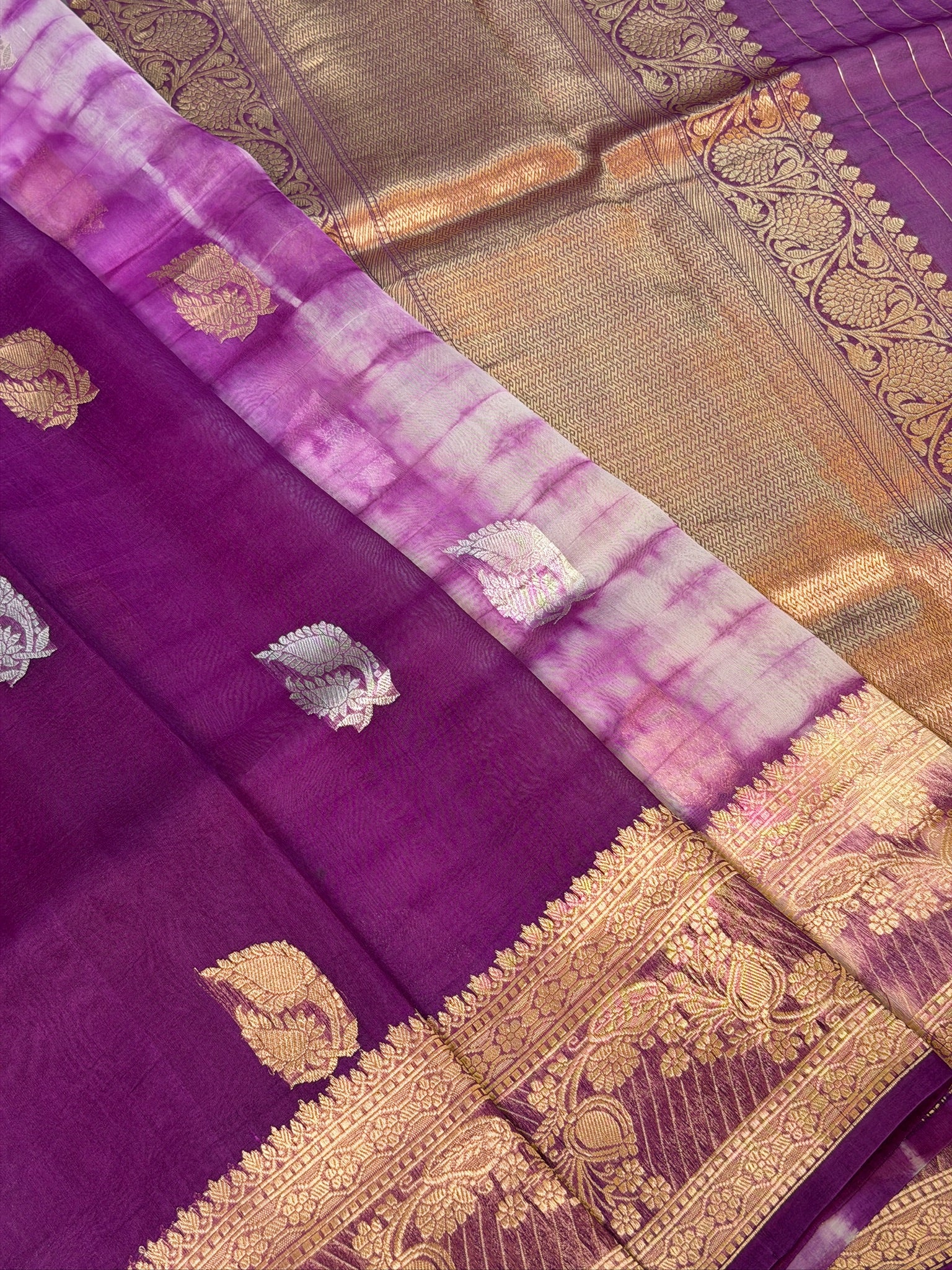 Magenta Handwoven Kora Silk Saree with Hand-Brush Dyeing & Zari Border