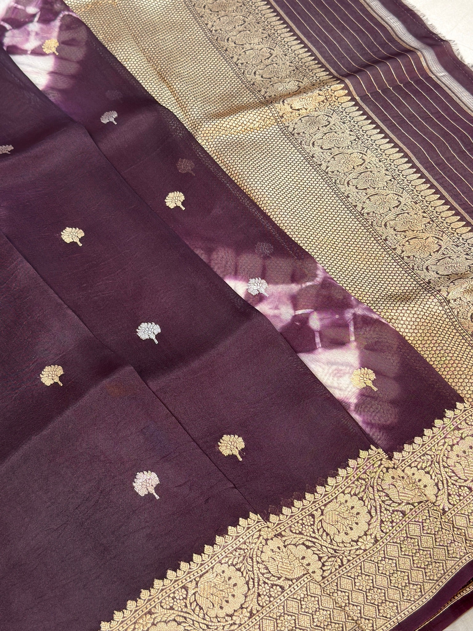 Wine Handwoven Kora Silk Saree with Hand-Brush Dyeing & Zari Border