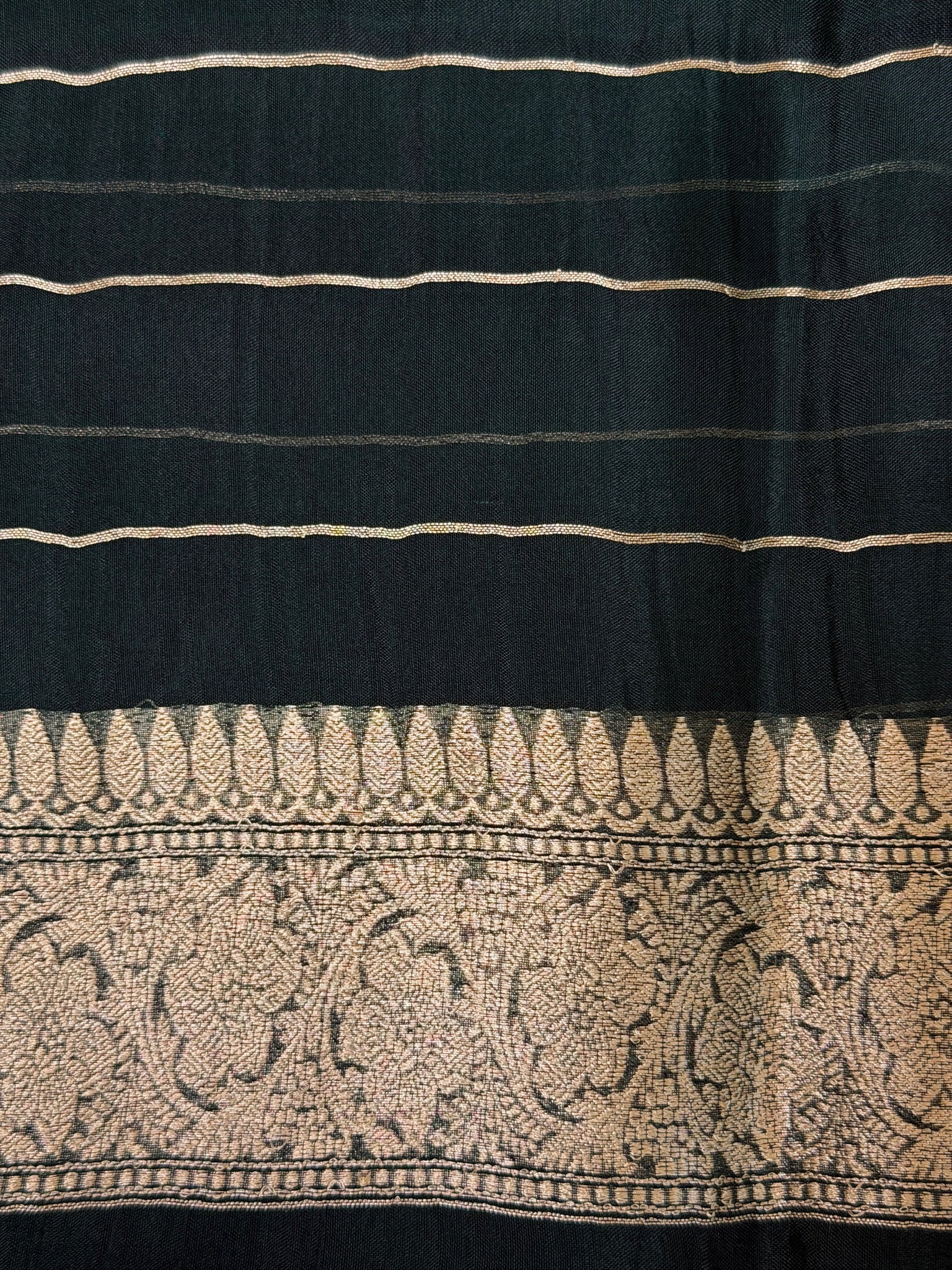 Bottle Green Handwoven Kora Silk Saree with Hand-Brush Dyeing & Zari Border