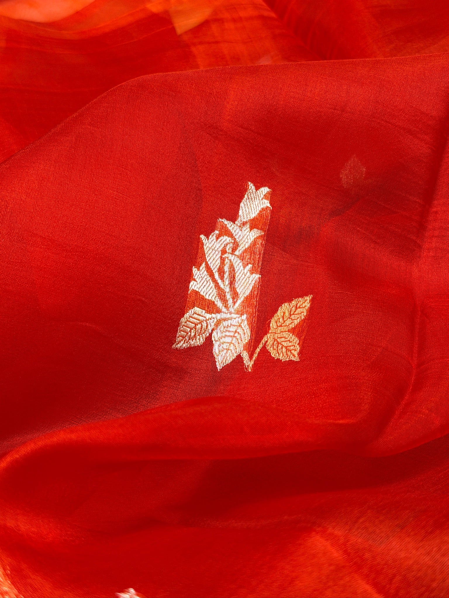 Rust Orange Handwoven Kora Silk Saree with Hand-Brush Dyeing & Zari Border