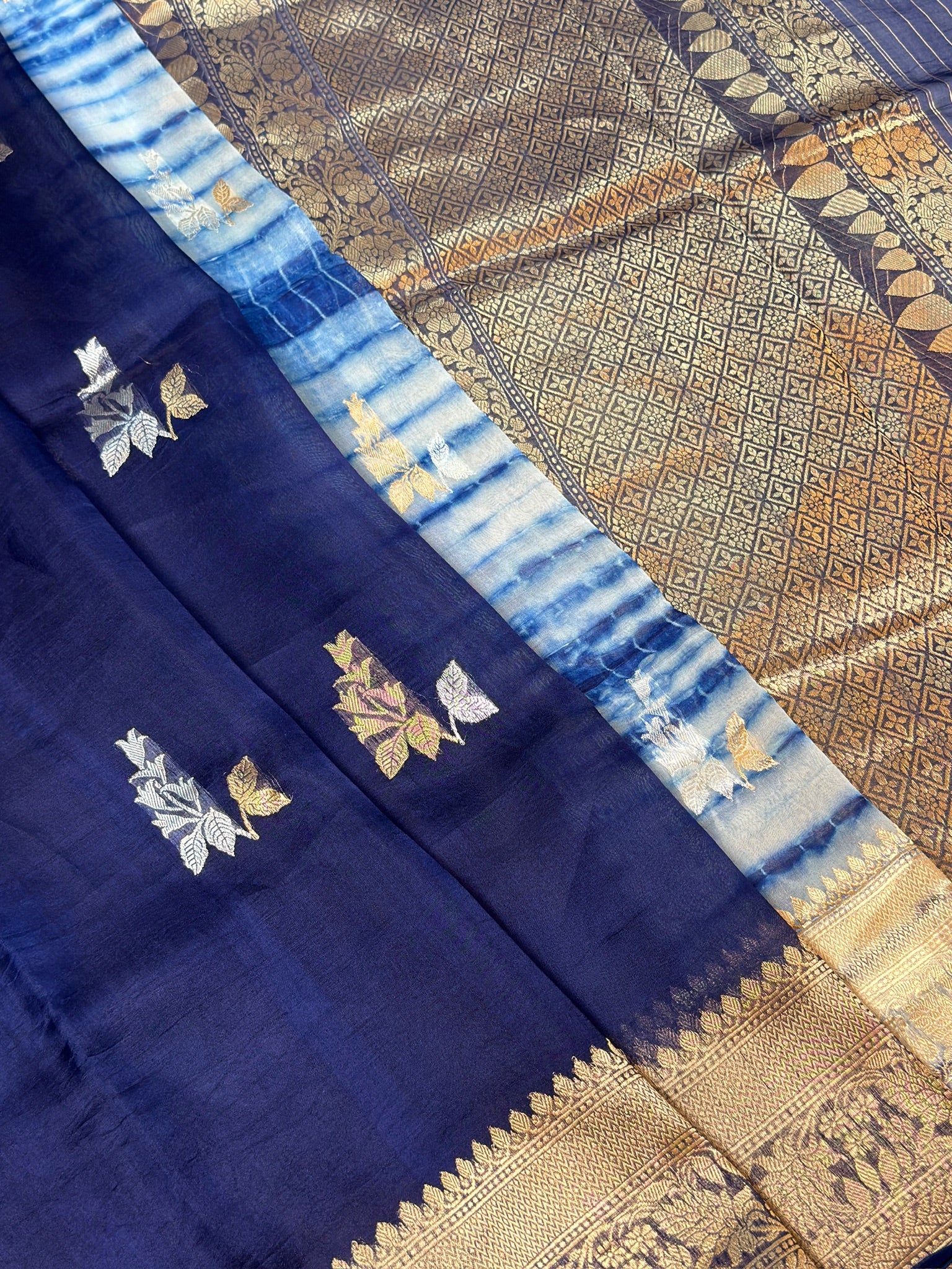 Ink Blue Handwoven Kora Silk Saree with Hand-Brush Dyeing & Zari Border