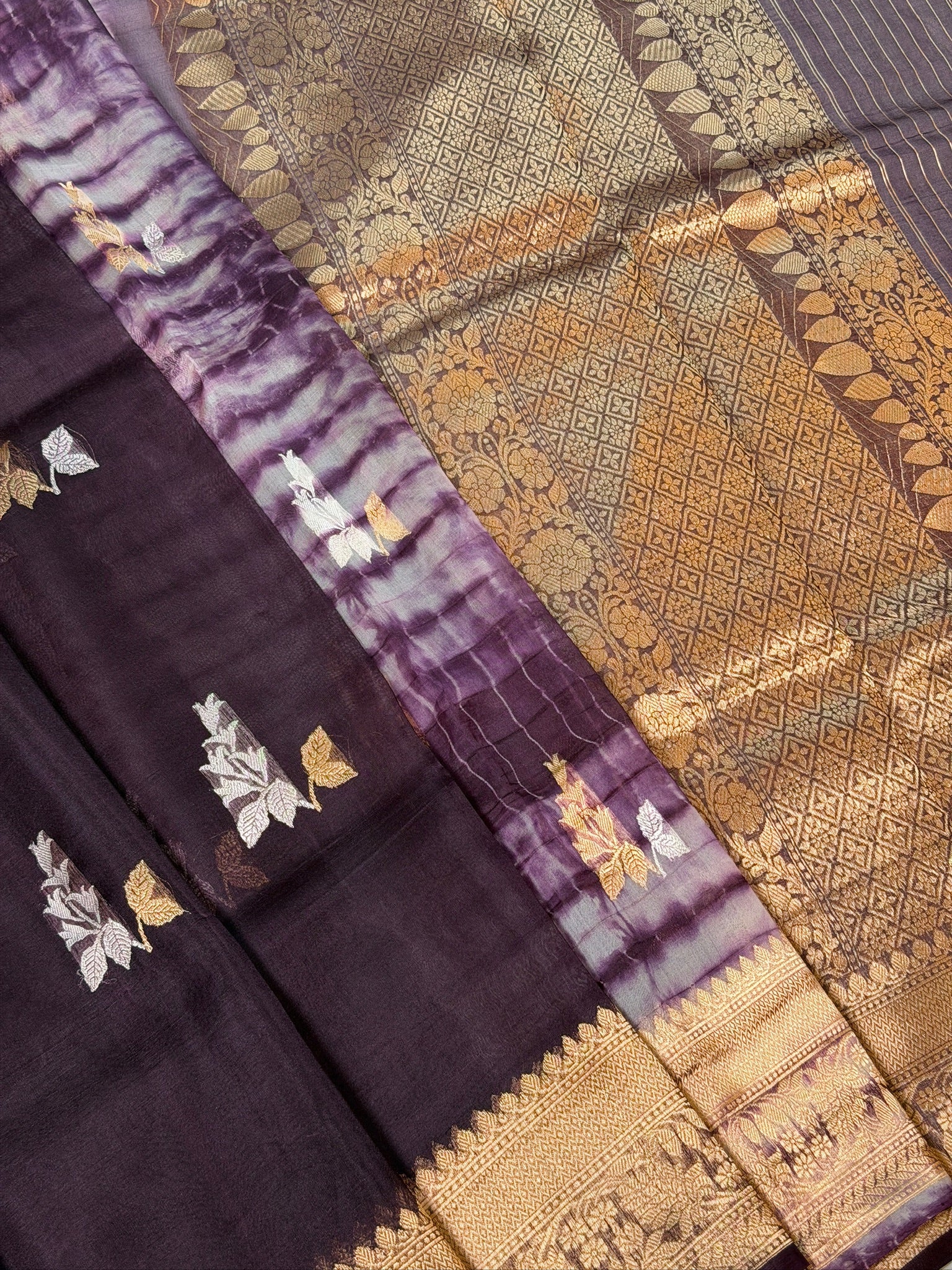 Wine Handwoven Kora Silk Saree with Hand-Brush Dyeing & Zari Border