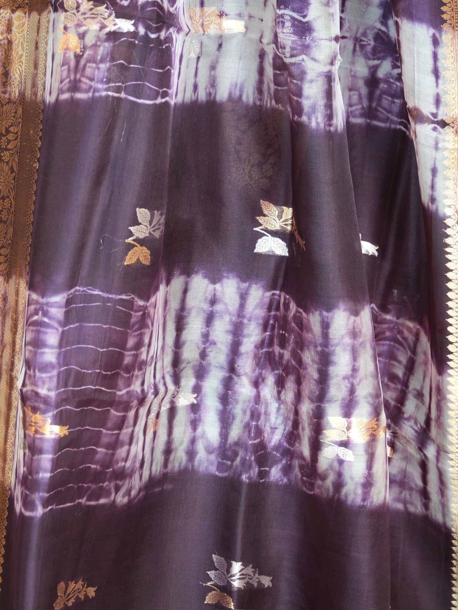 Wine Handwoven Kora Silk Saree with Hand-Brush Dyeing & Zari Border