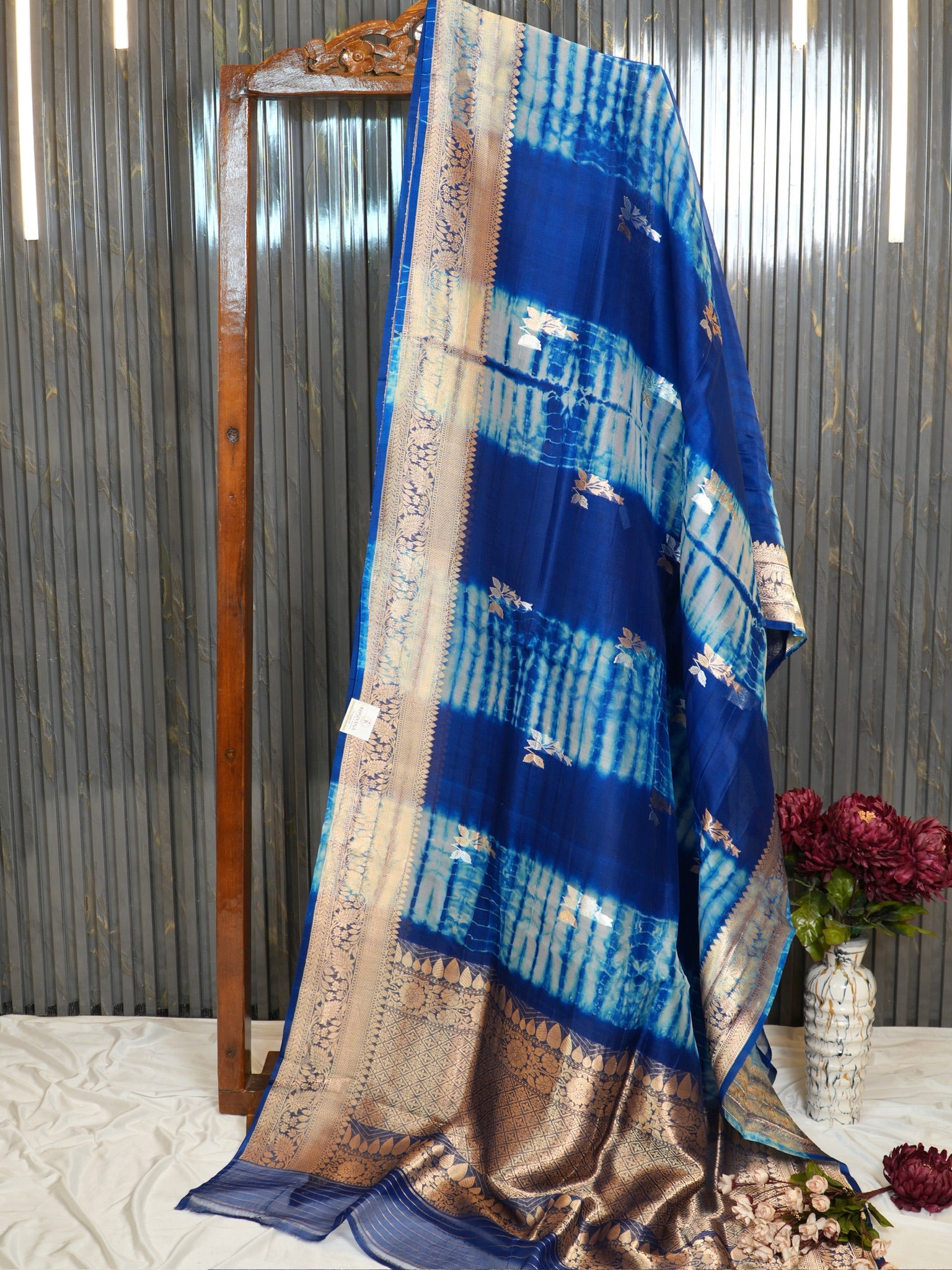 Ink Blue Handwoven Kora Silk Saree with Hand-Brush Dyeing & Zari Border