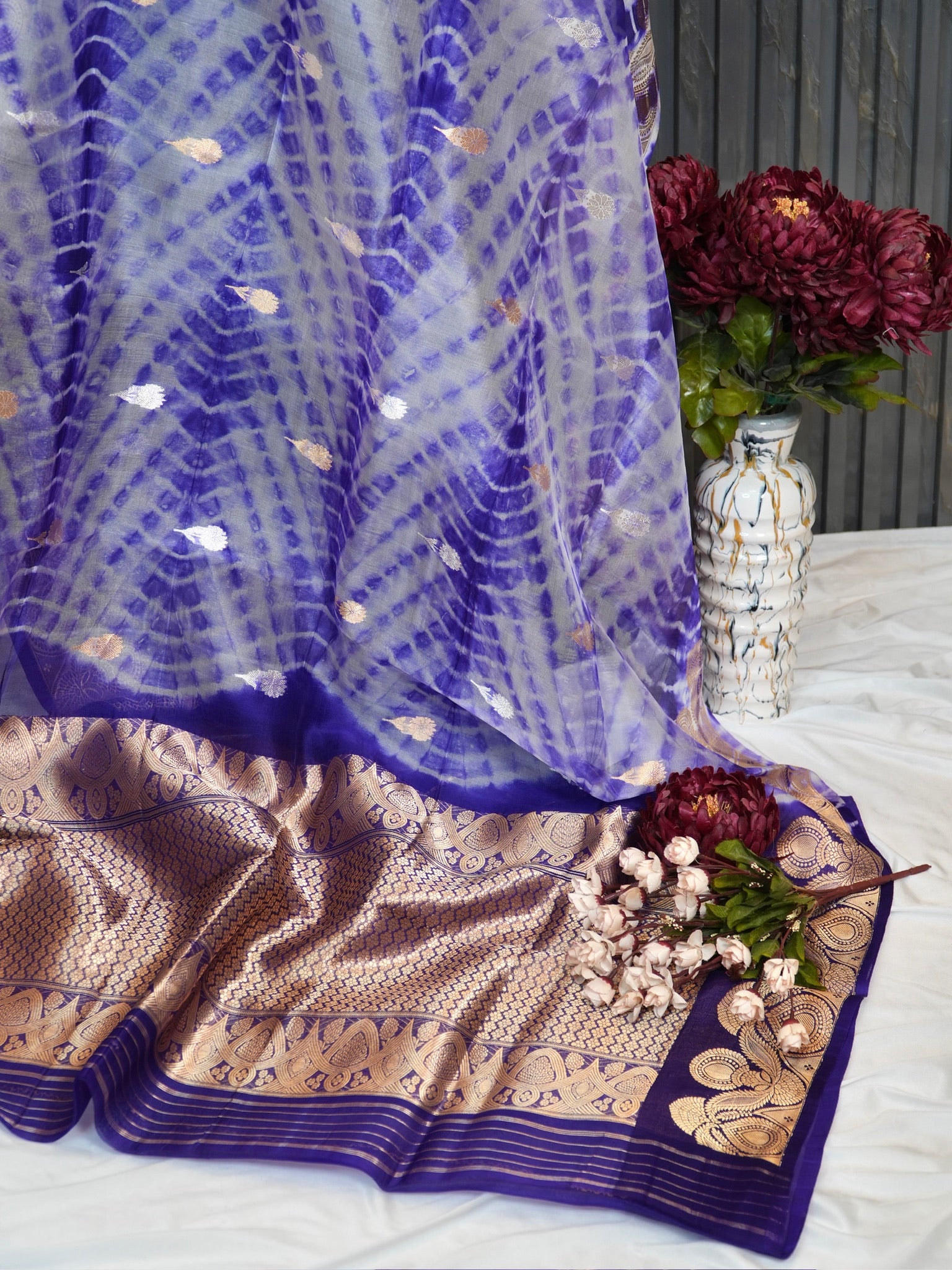 Purple Handwoven Kora Silk Saree with Hand-Brush Dyeing & Zari Border