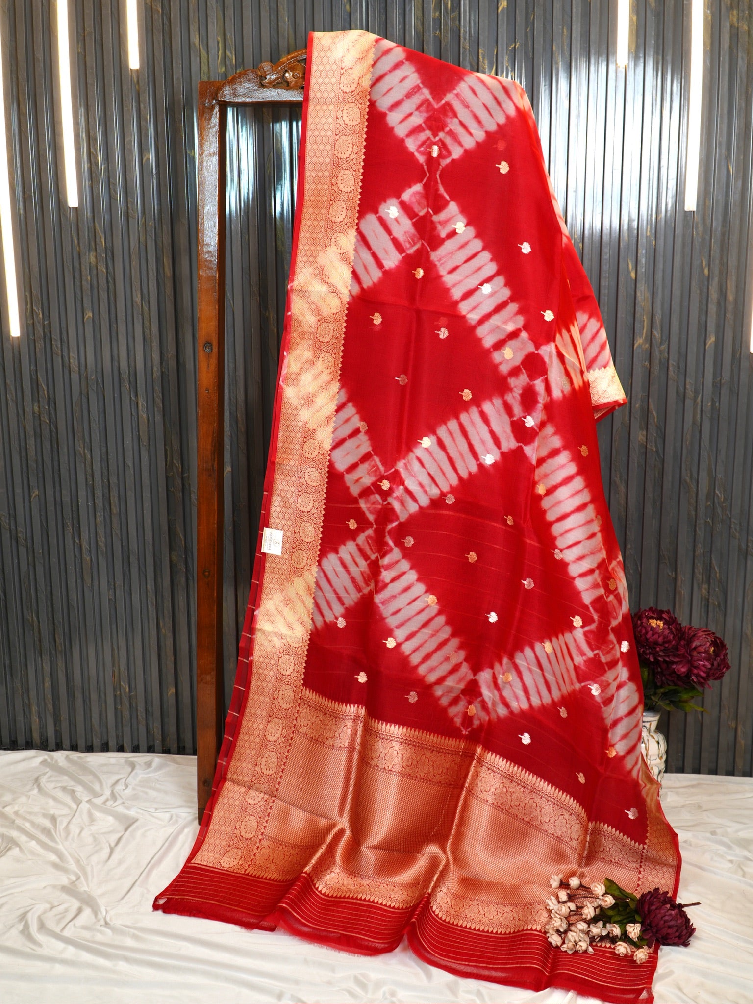 Red Handwoven Kora Silk Saree with Hand-Brush Dyeing & Zari Border