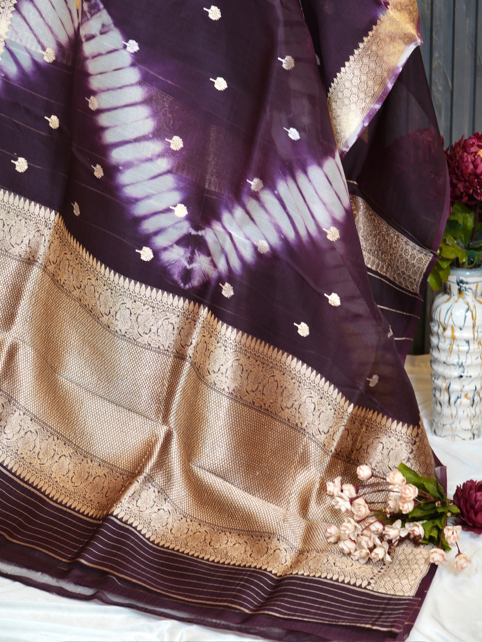 Wine Handwoven Kora Silk Saree with Hand-Brush Dyeing & Zari Border