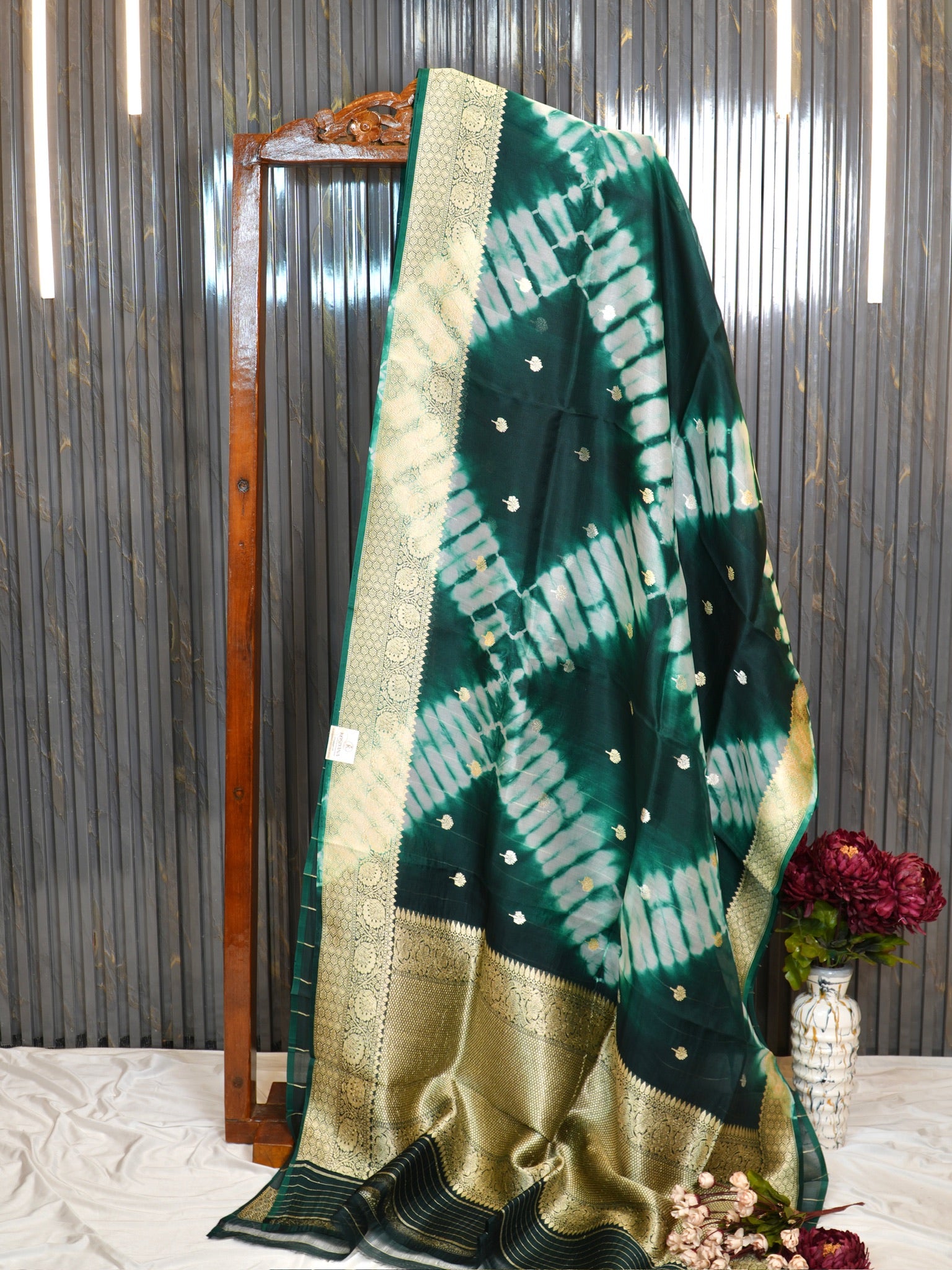 Bottle Green Handwoven Kora Silk Saree with Hand-Brush Dyeing & Zari Border