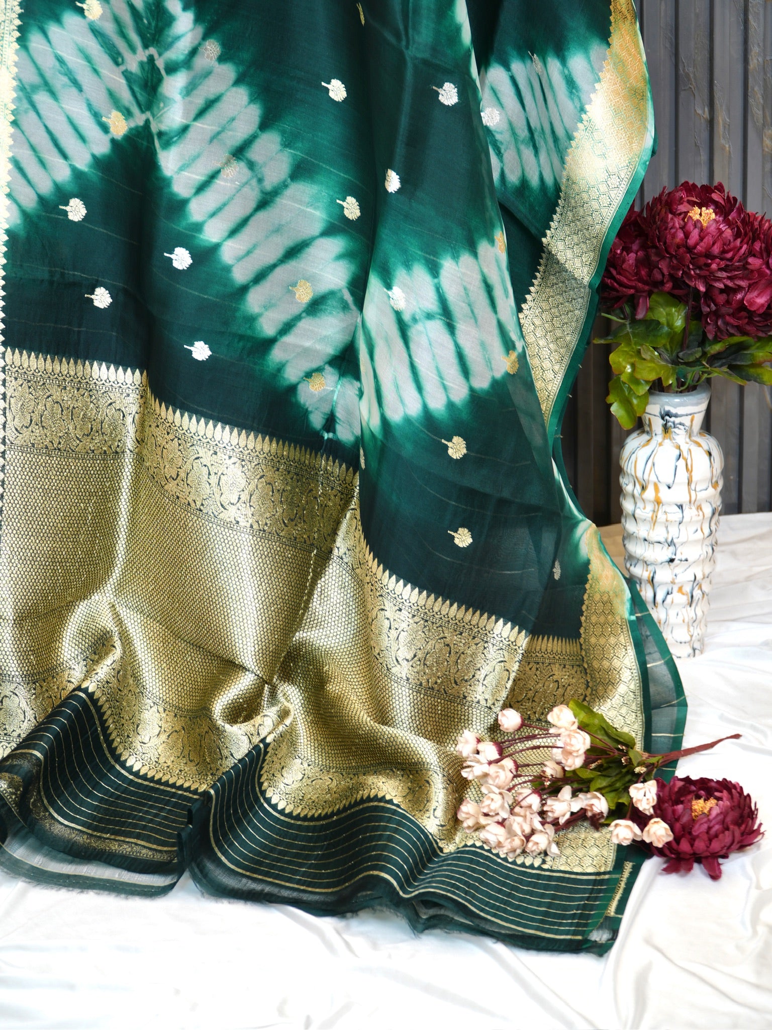 Bottle Green Handwoven Kora Silk Saree with Hand-Brush Dyeing & Zari Border