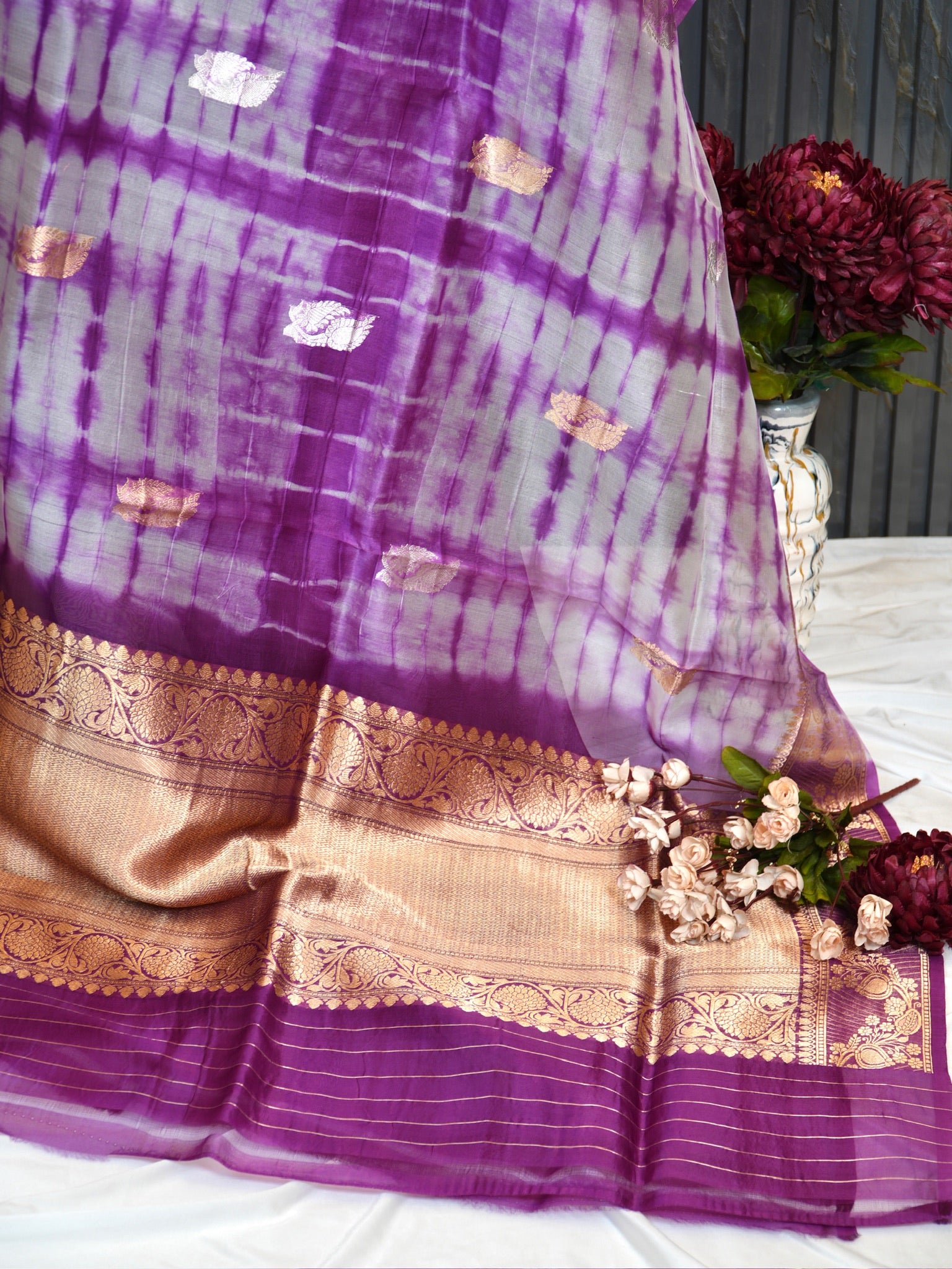 Magenta Handwoven Kora Silk Saree with Hand-Brush Dyeing & Zari Border