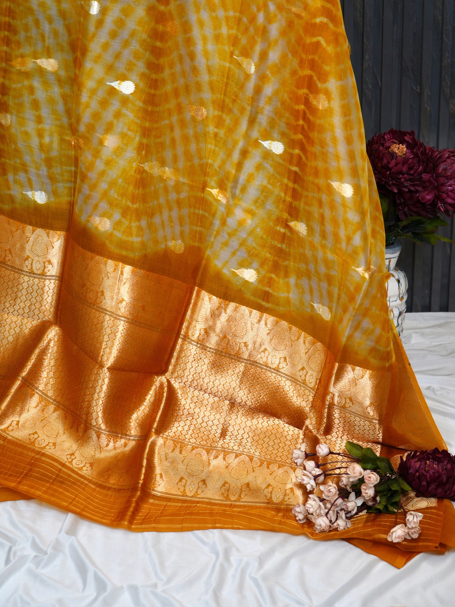 Yellow Handwoven Kora Silk Saree with Hand-Brush Dyeing & Zari Border